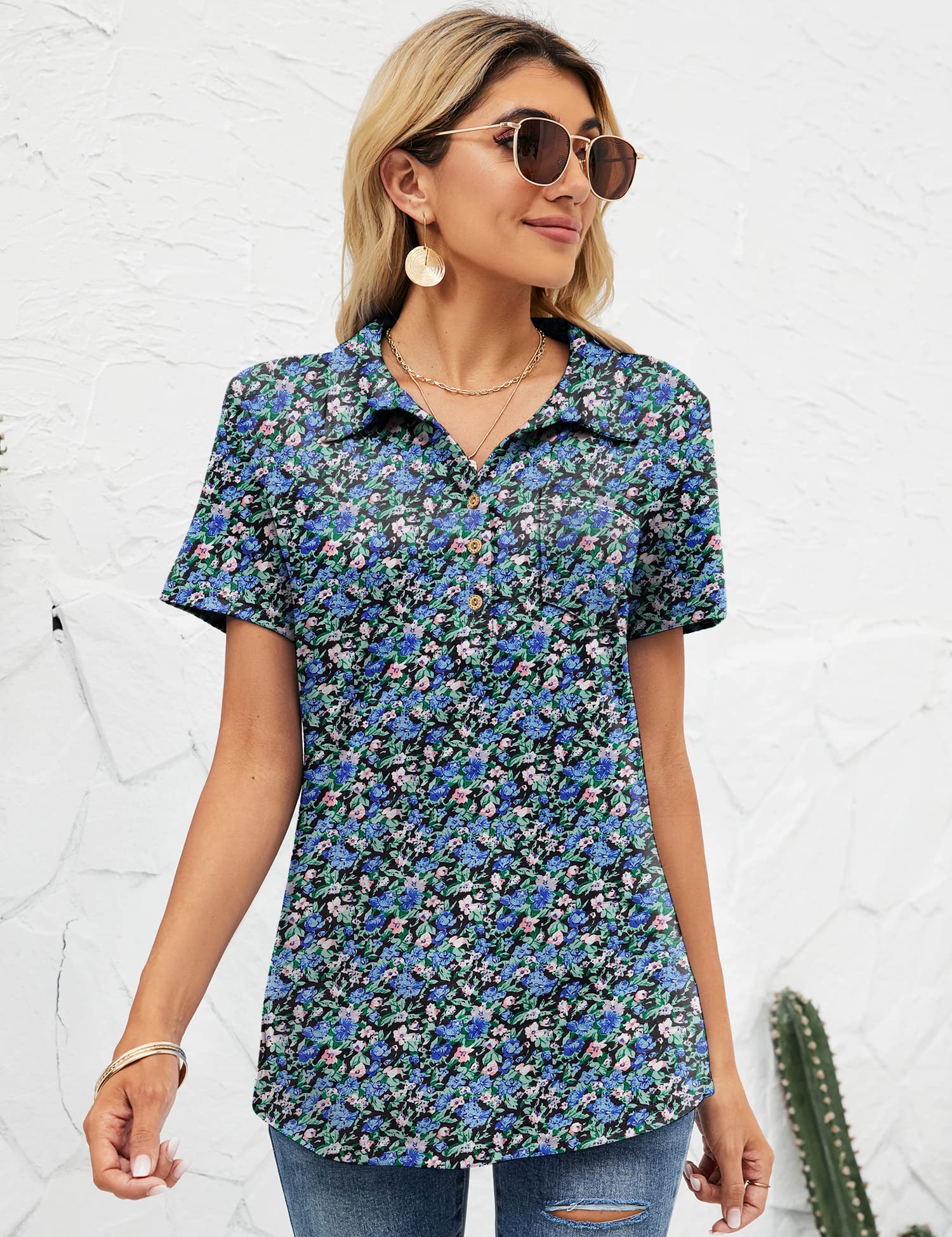 TFSDOD Women's Short Sleeve Polo Shirt - V Neck Business Casual Button Down Tunic Top with Pocket | Office Wear, Work Attire & Professional Outfits