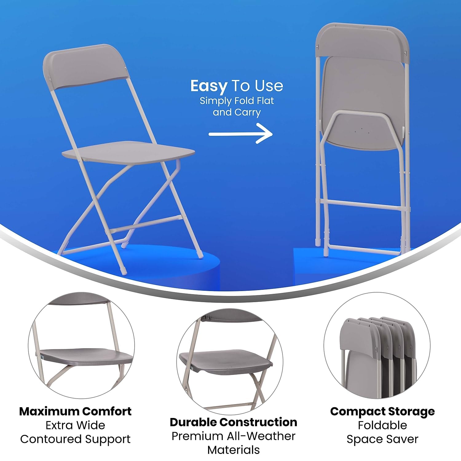 Flash Furniture Hercules Big and Tall Commercial Folding Chair - Extra Wide 650LB Capacity Durable Plastic Gray 4-Pack - Heavy Duty Stackable Chairs for Office, Conference, Events, and Outdoor Use