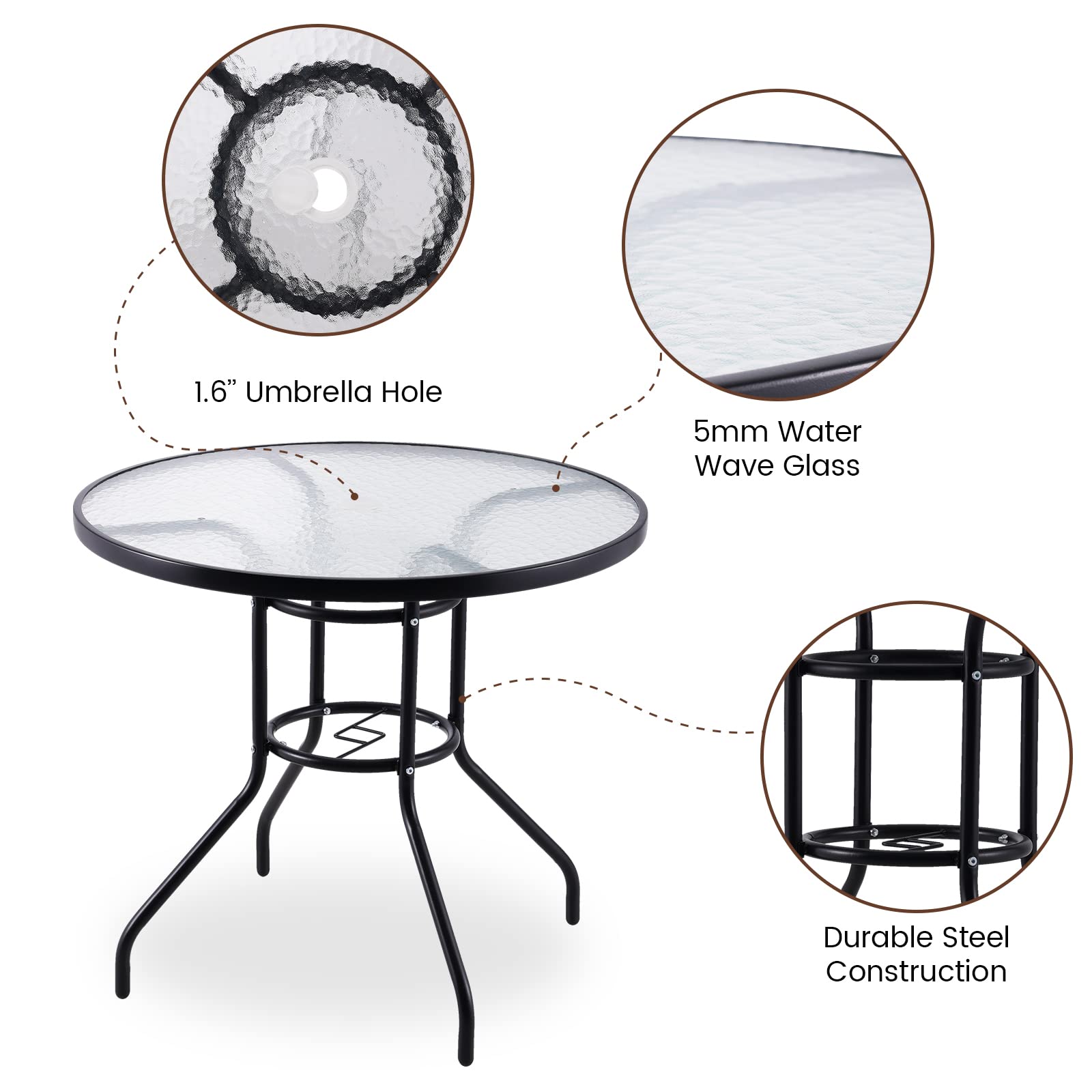32'' Outdoor Patio Bistro Table with Tempered Glass Top & Umbrella Hole - Steel Frame Garden Furniture for Backyard, Balcony, Lawn - Perfect for Outdoor Dining, Coffee & Party Gatherings