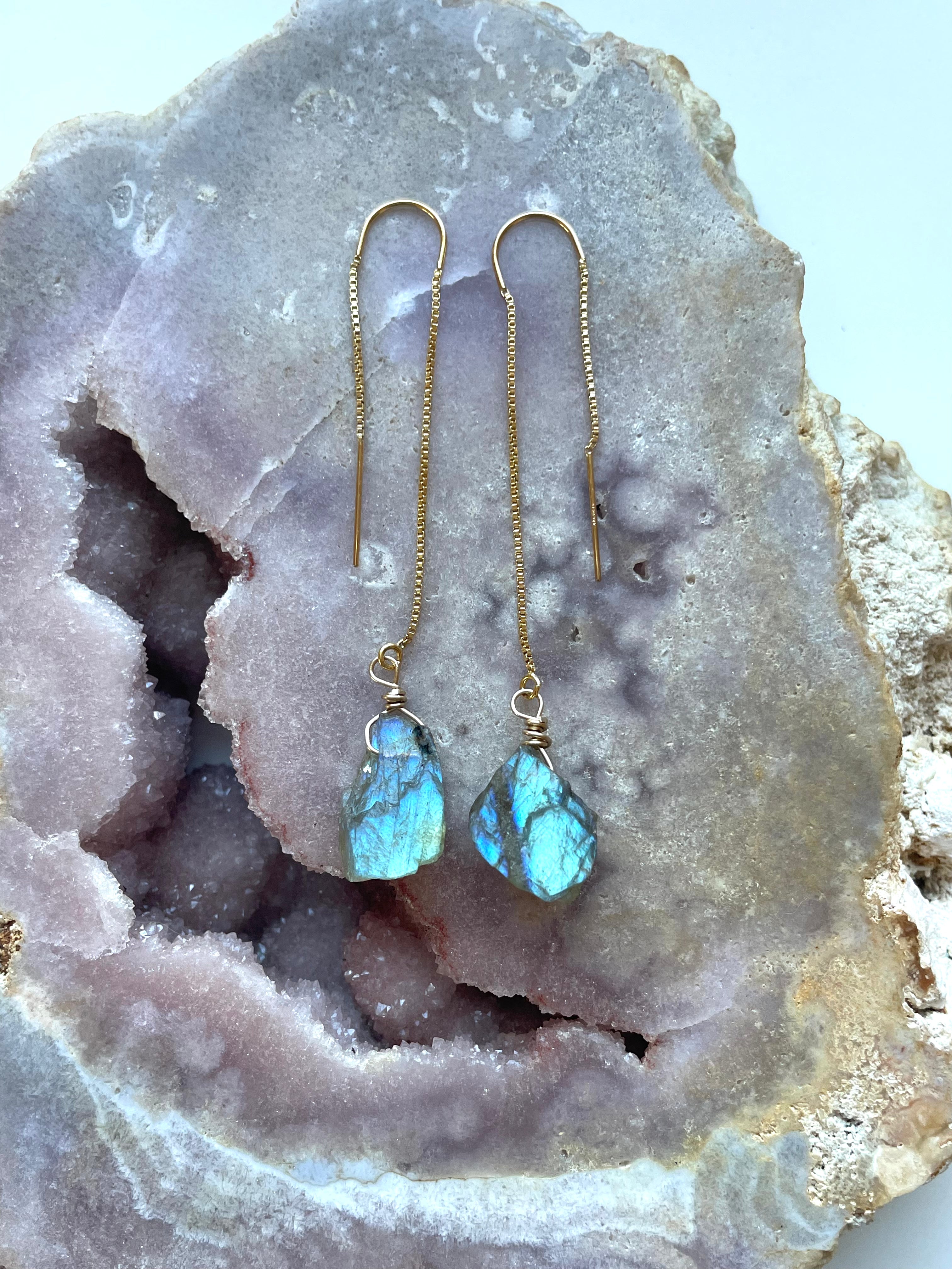 Labradorite Threader Earrings - Sterling Silver or 14K Gold Filled Dangle Earrings for Women | Healing Crystal Jewelry for Everyday Wear & Special Occasions
