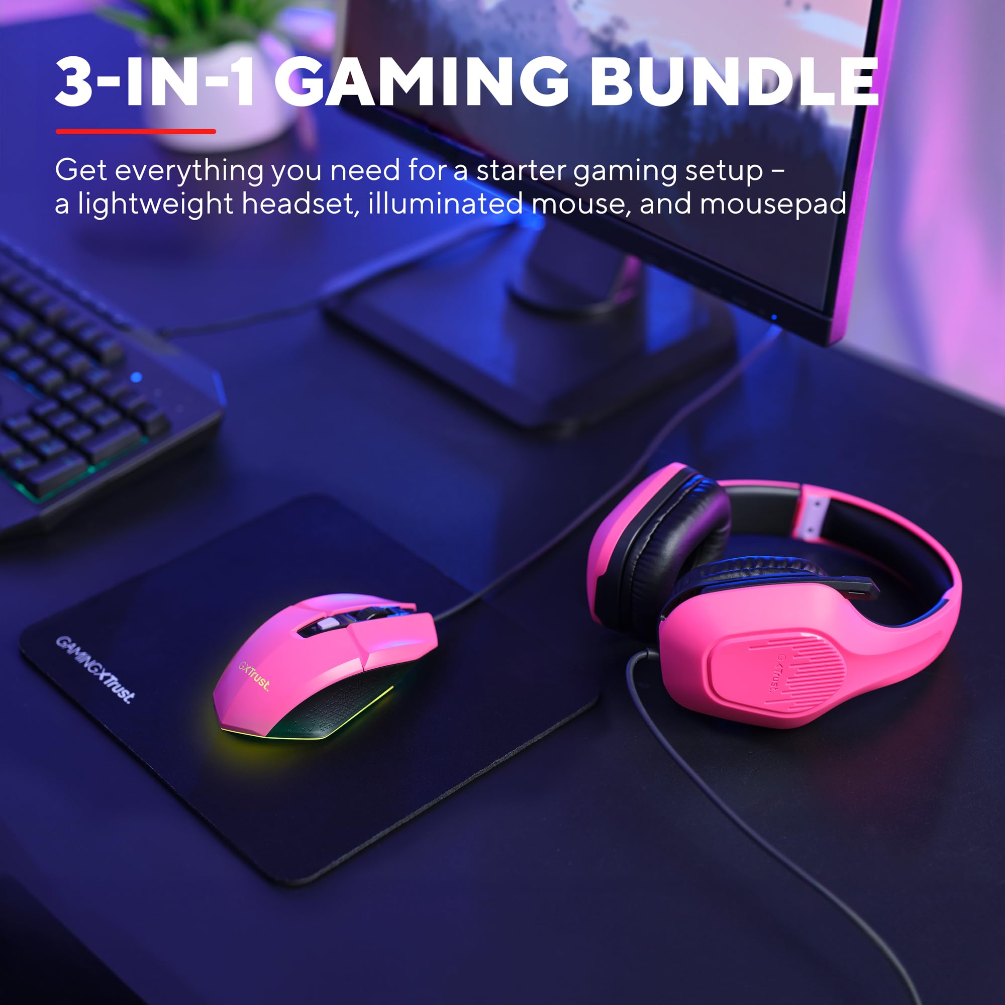 Trust Gaming GXT 790P Tridox 3-in-1 Gaming PC Bundle - Lightweight Headset with 50mm Drivers, Programmable Wired Mouse (200-6400 DPI), Mouse Pad - Complete Gaming Set for Computer, Laptop & Desktop (Pink) - Perfect for Esports, Streaming & Competitive Gaming