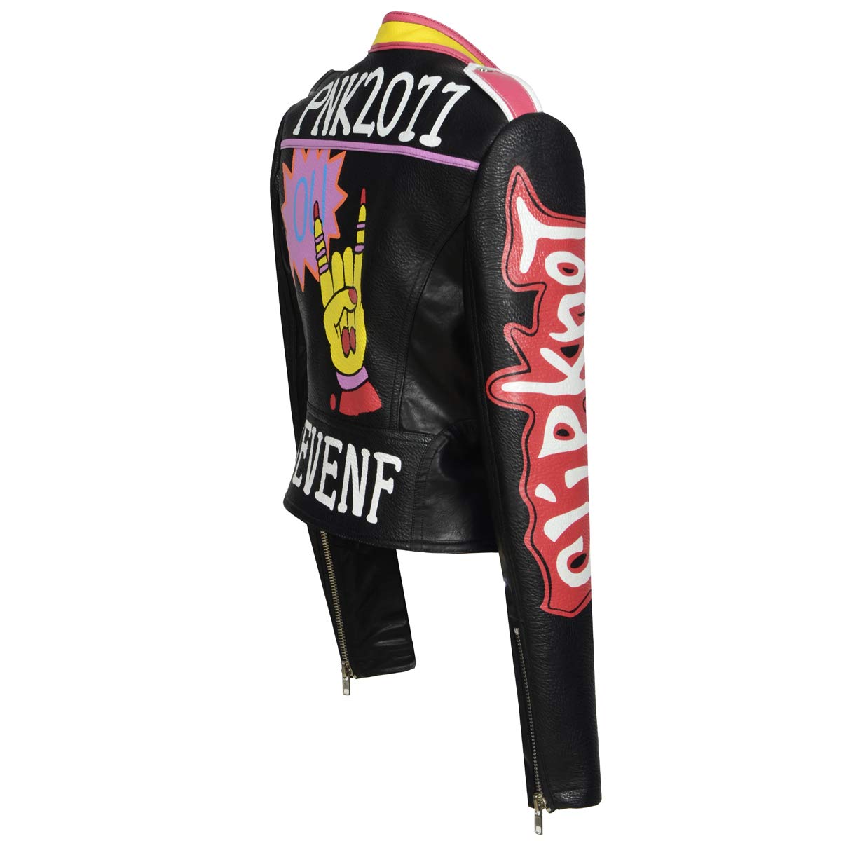 ZJX Women's Printed Black Rivet Badge Slim Fitted Short Leather Jacket (Size L, Black) | Stylish Biker Jacket for Casual Outings, Night Out & Motorcycle Rides