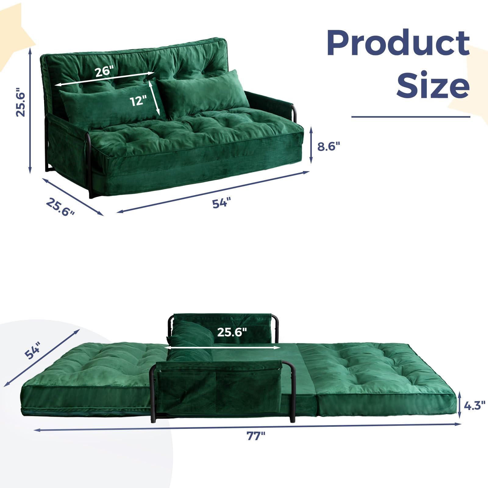 MAXYOYO Adjustable Floor Sofa Couch - Velvet Convertible Lazy Sofa Sleeper Bed with Pillows & Armrest, Double Size in Green | Perfect for Small Spaces, Living Rooms & Guest Beds
