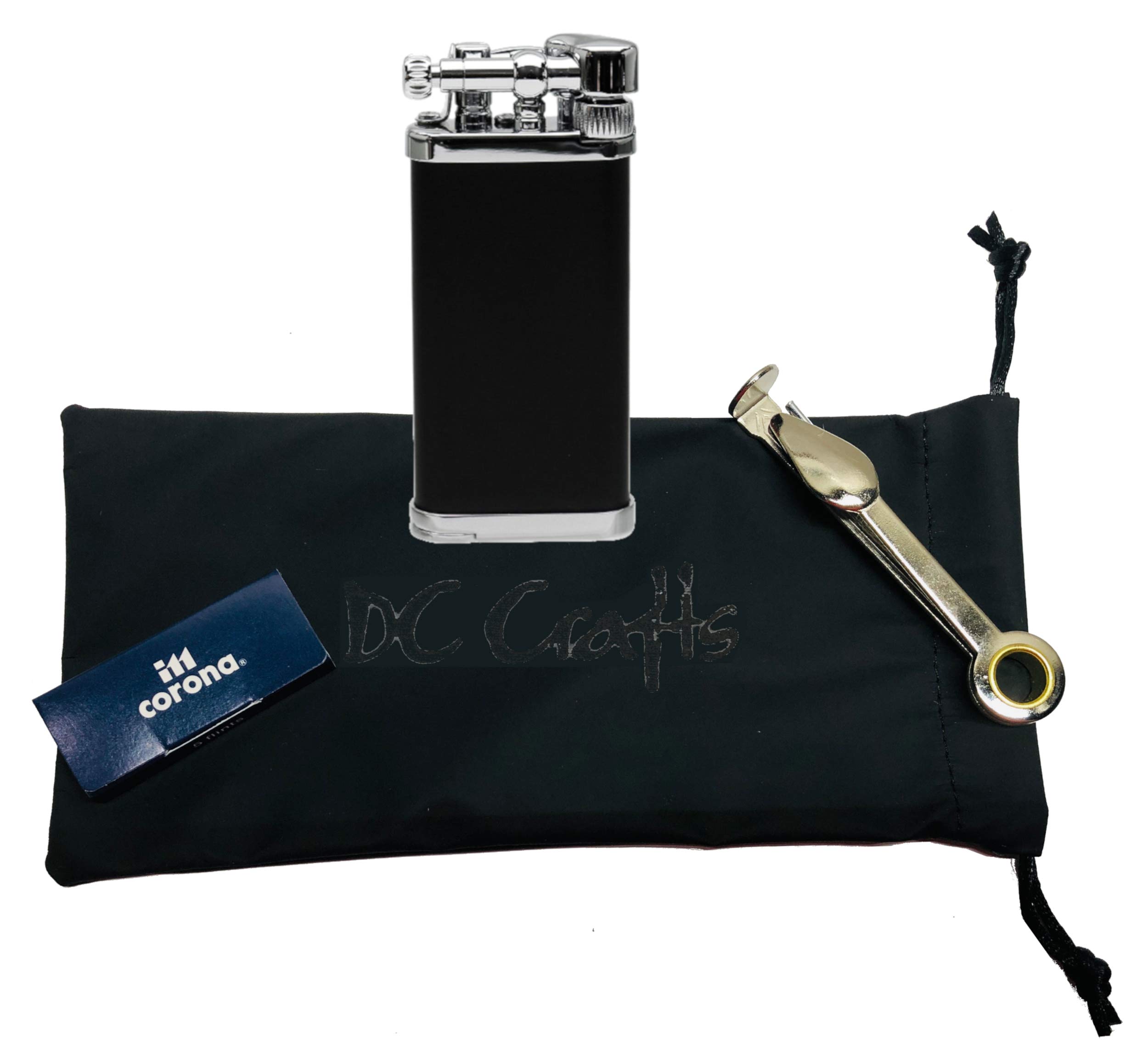 IM Corona Old Boy Pipe Lighter with DC Crafts Accessory Set - Premium Butane Lighter with Czech Tool & 5 Flints (Black/Chrome) - Perfect for Pipe Smoking Enthusiasts & Tobacco Aficionados