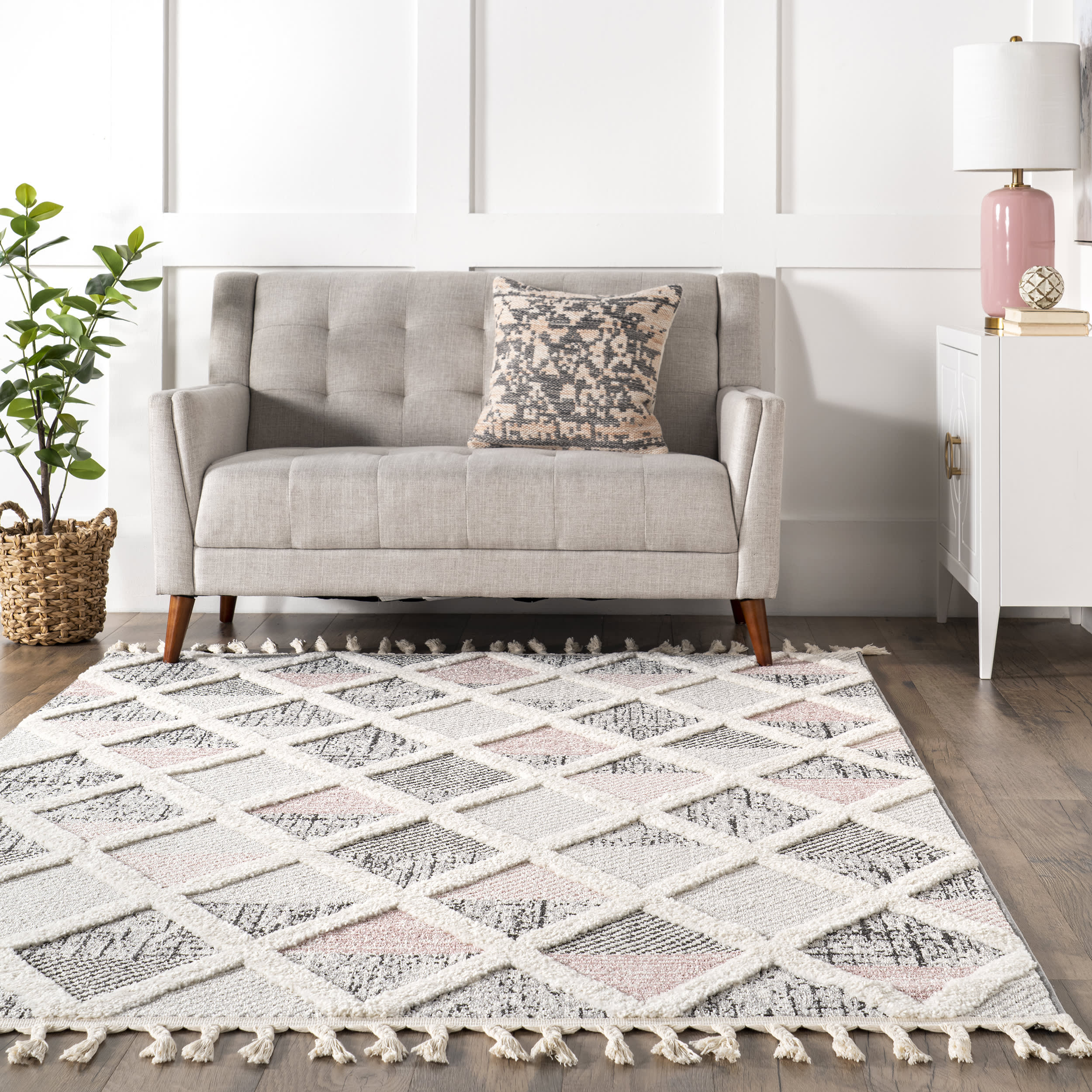 Alicia Trellis Tasseled Rug - Soft Bohemian Area Rug with Fringe, Grey Home Decor for Living Room, Bedroom & Nursery