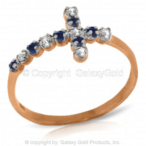 0.24 Carat 14K Solid Rose Gold Cross Ring with Diamond & Sapphire - Elegant Religious Jewelry for Women, Perfect for Church, Weddings & Everyday Wear