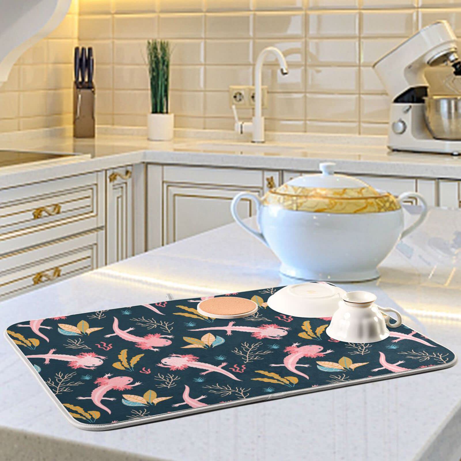 Premium Microfiber Axolotl Dish Drying Mat - 16x18 Inch Absorbent Kitchen Countertop Drainer - Perfect for Dishes, Utensils & Glassware - Cute Kitchen Decor for Modern Homes