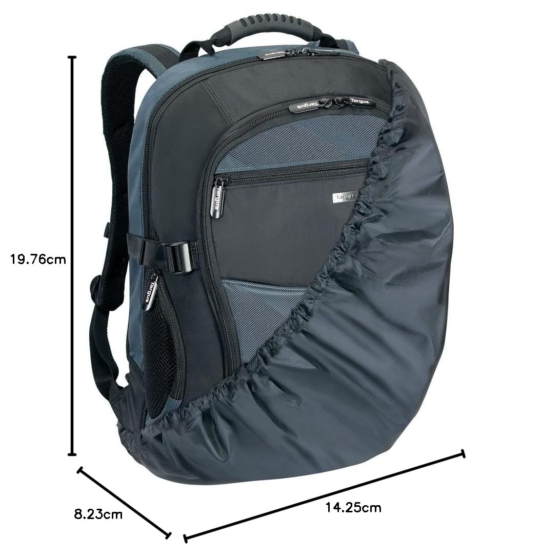 Targus 18-Inch Laptop Backpack with Water-Resistant Rain Cover - Ergonomic Padded Shoulder Straps, Adjustable Chest & Waist Straps - Durable Molded Carry Handle (Black/Blue) - Perfect for Work, School & Travel