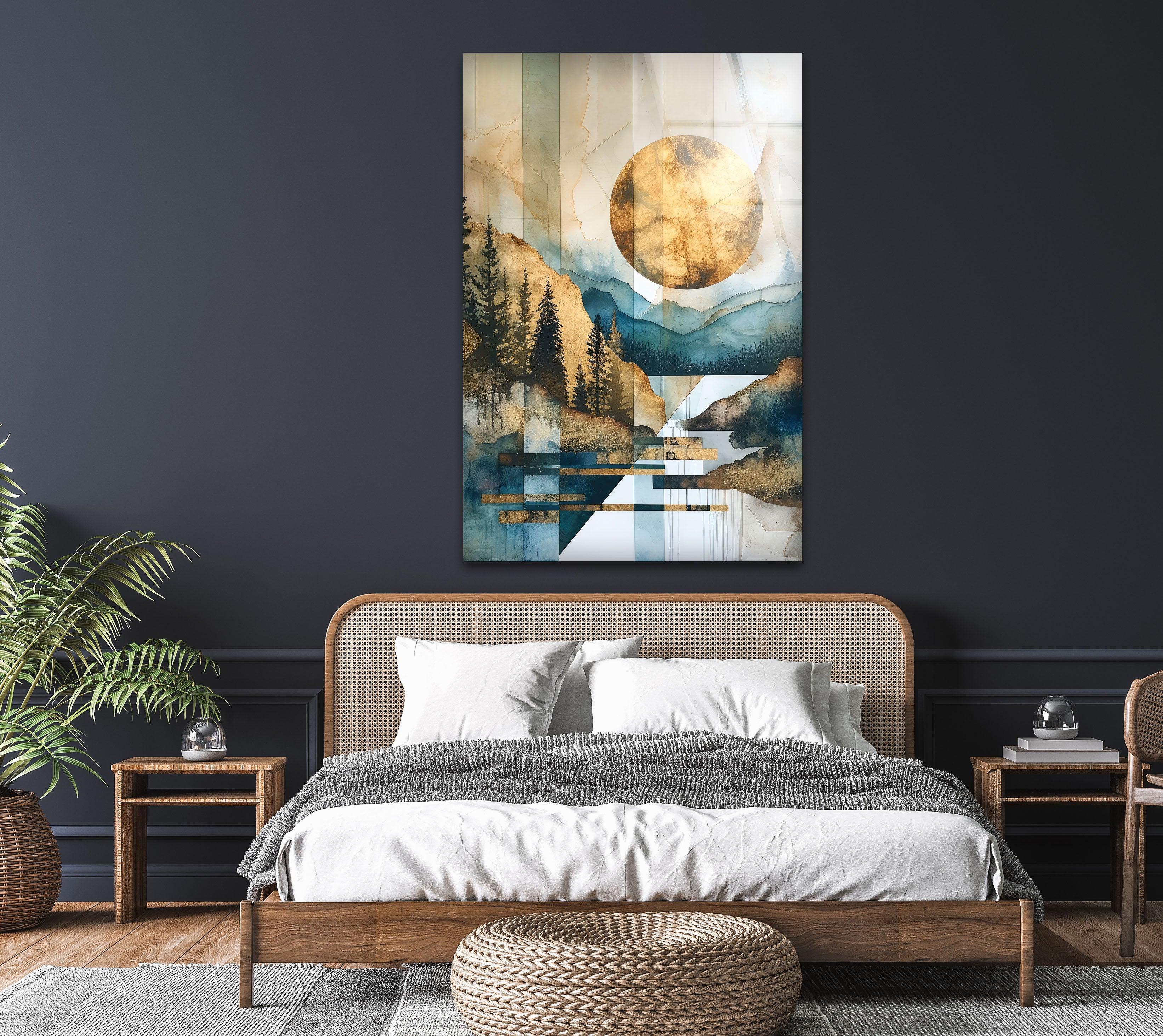 Abstract Golden Sun Glass Wall Art - Geometric Mountain & Nature Landscape Decor for Living Room, Bedroom, Office - Modern Home & Office Decoration
