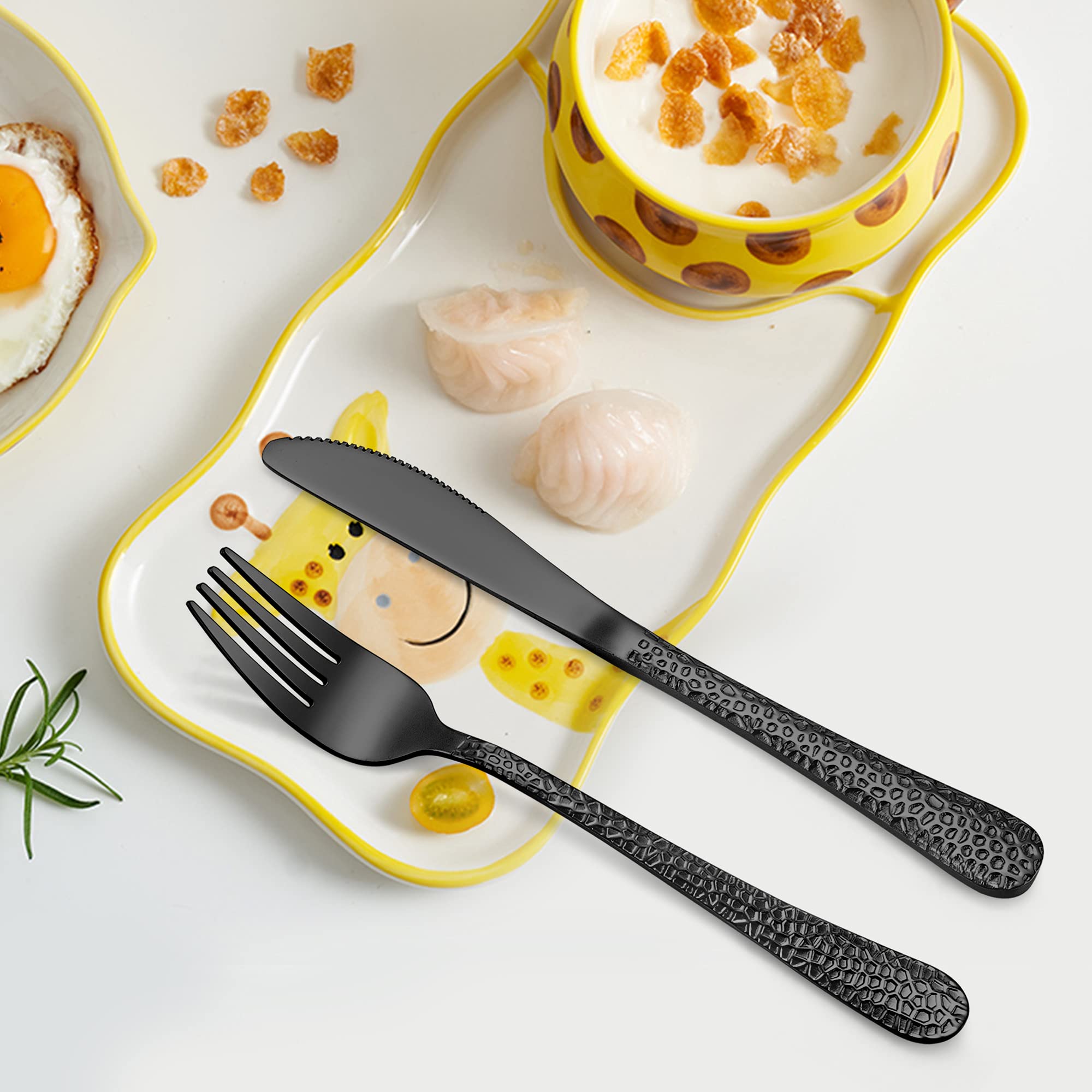15-Piece Kids Stainless Steel Silverware Set - Black Hammered Toddler Utensils with Knives, Forks & Spoons | Dishwasher Safe Preschooler Flatware | Perfect for Birthday Gifts, Daycare Meals & Family Dining