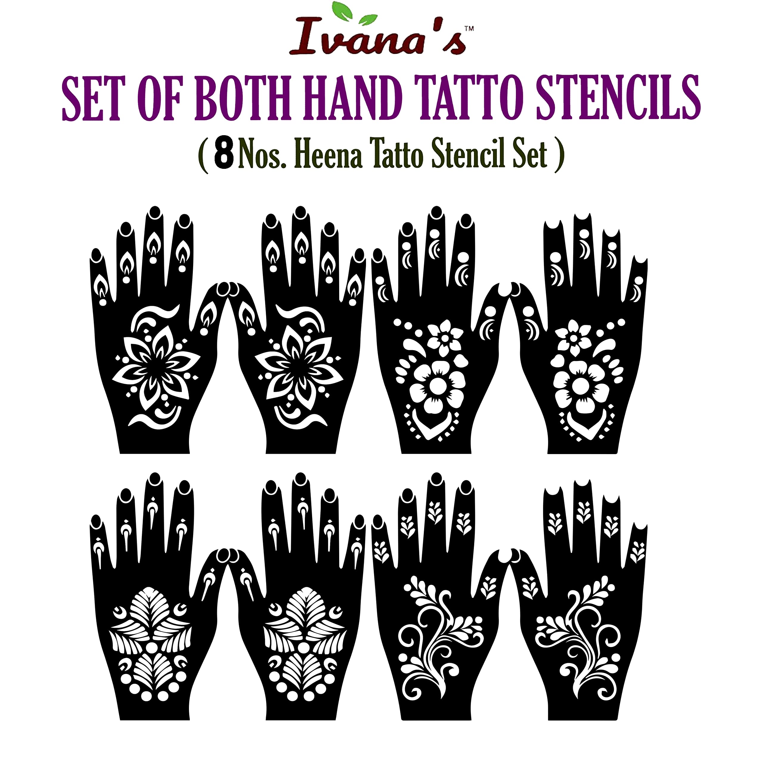 Set of 8 Henna Tattoo Stencils for Women, Girls & Kids - Beautiful Hand Design Temporary Tattoo Kit - Perfect for Parties, Weddings & Festivals (M-28)
