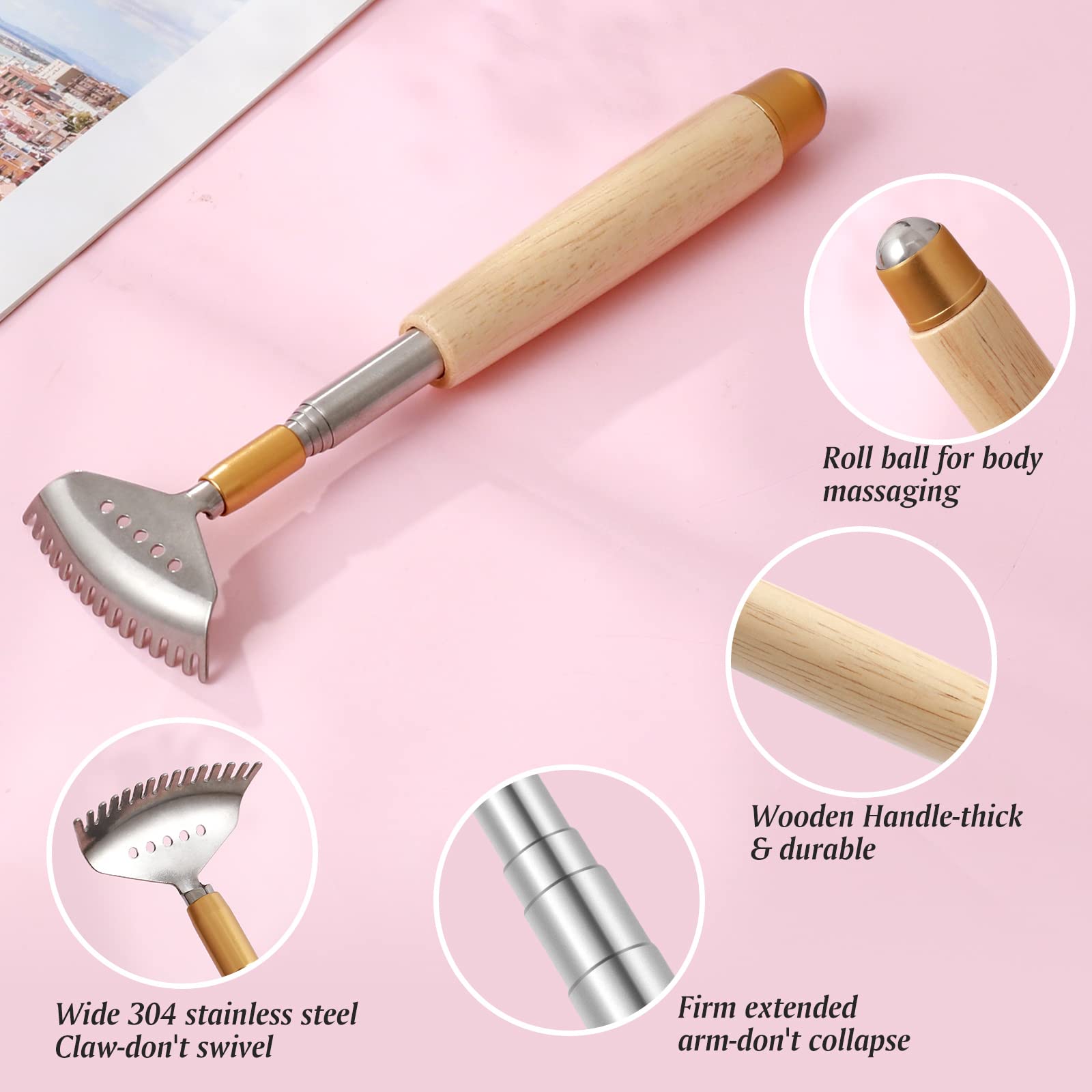 Best Telescoping Back Scratcher for Women & Men - Extendable Wood Handle with Steel Massage Roller & Wide Claw - Adjustable Up to 24 Inches - Perfect for Home, Office, Travel & Gift Giving