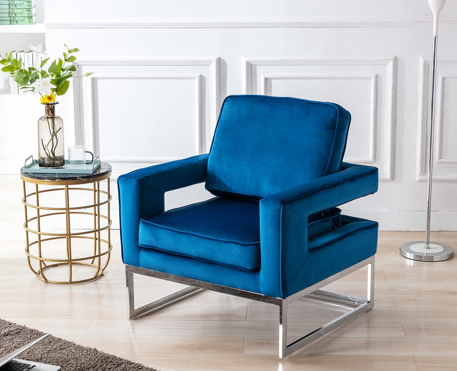 Shunzhi Velvet Armchair - Modern Barrel Accent Chair with Open Back & Square Base, Lumbar Pillow Cushion - Blue Upholstered Living Room Chair for Small Spaces | Perfect for Reading Nooks, Cozy Corners & Apartment Decor