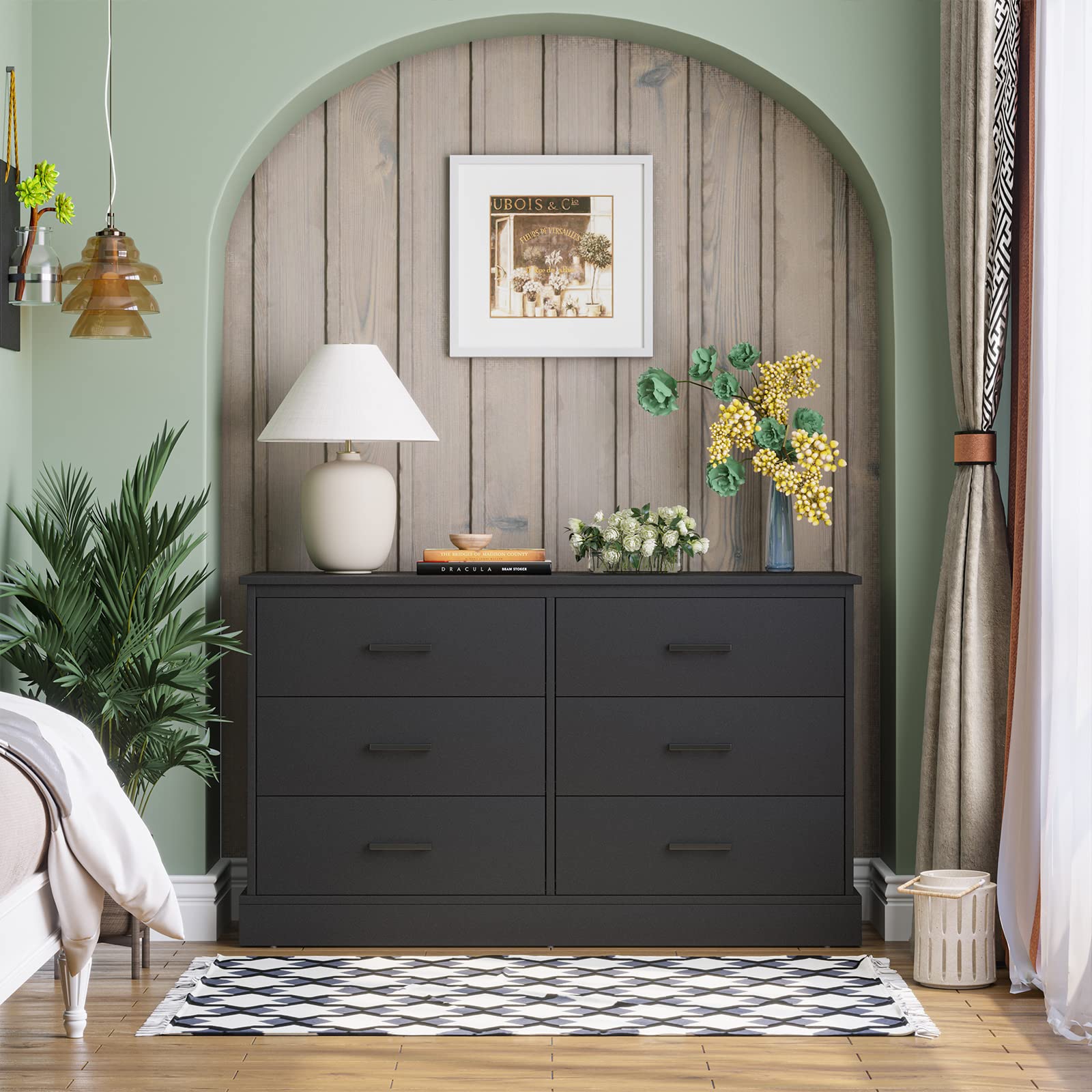 Hasuit Black 6-Drawer Double Dresser - Solid Wood Storage Tower & Clothes Organizer with Sturdy Base - Wide Chest of Drawers for Bedroom, Hallway, Entryway - Perfect for Home Organization & Space Saving