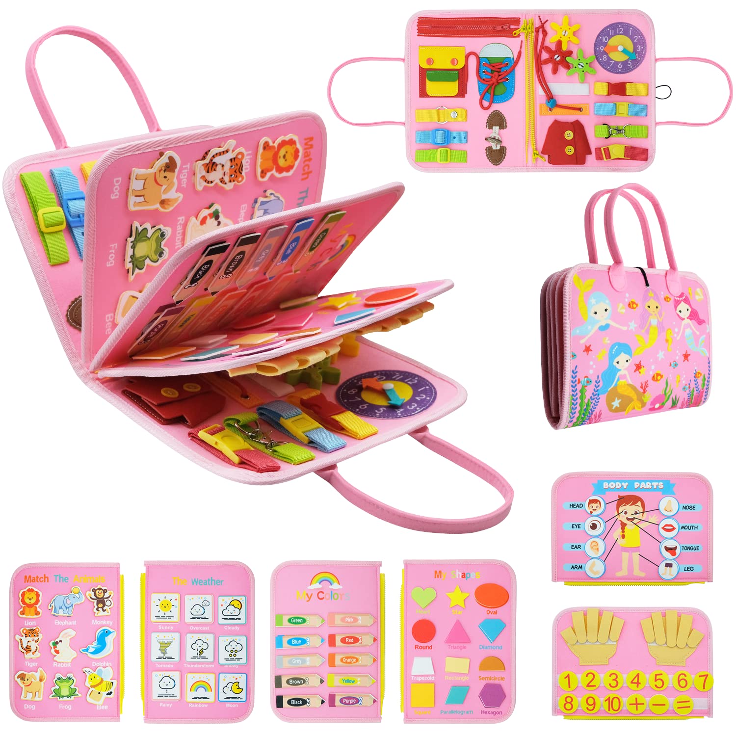Montessori Busy Board for Toddlers - Sensory Learning Toys for Preschoolers, Fine Motor Skills Development, Autism & Travel Toys for Kids Boys Girls (Pink) | Perfect for Airplane, Car Rides & Home Playtime