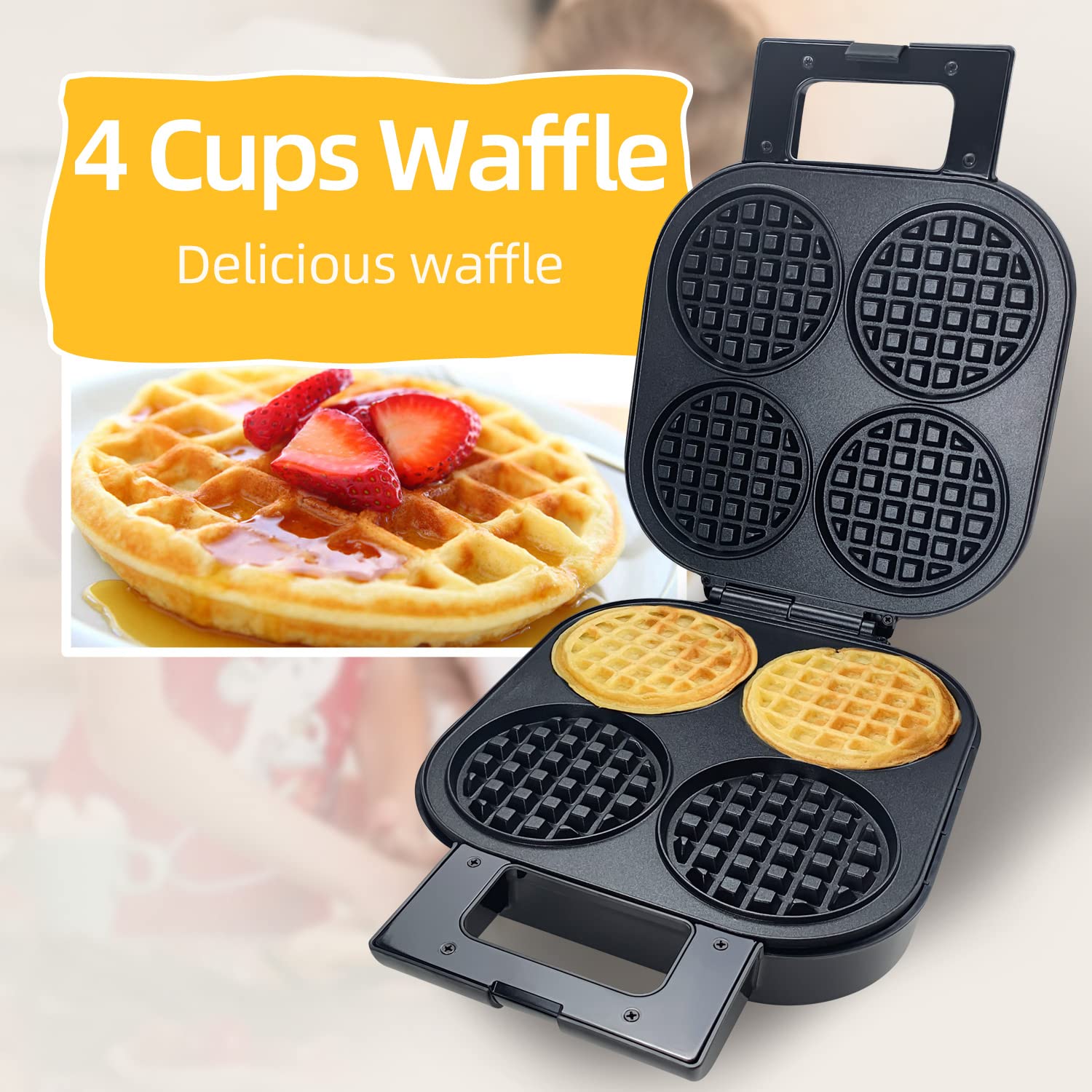 Nonstick Belgian Waffle Maker 1300W - 4 Slice Waffle Iron with Indicator Light for Perfect Breakfast, Brunch & Family Gatherings