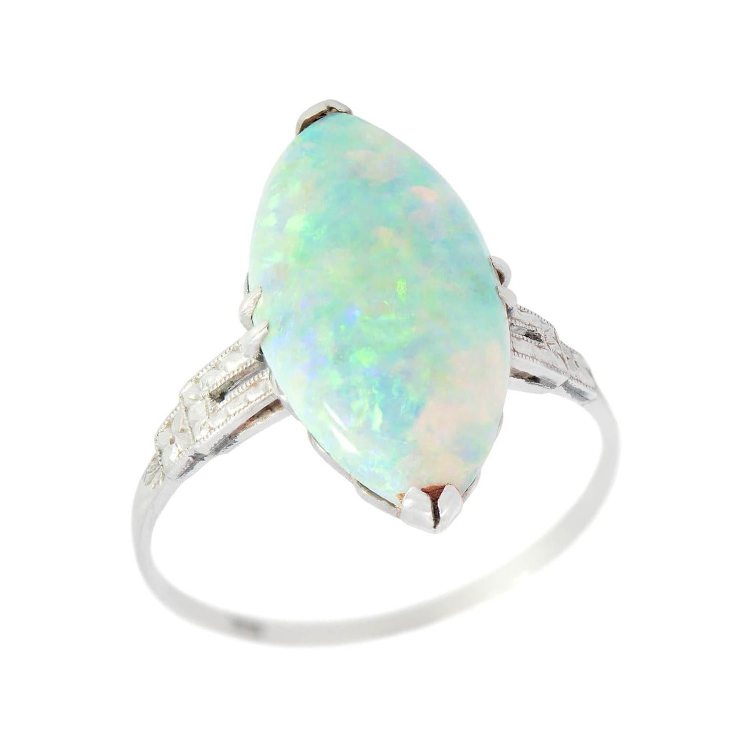 Exquisite Edwardian Platinum Marquise Cut Opal Ring - Vintage Inspired Jewelry for Weddings, Anniversaries & Special Occasions