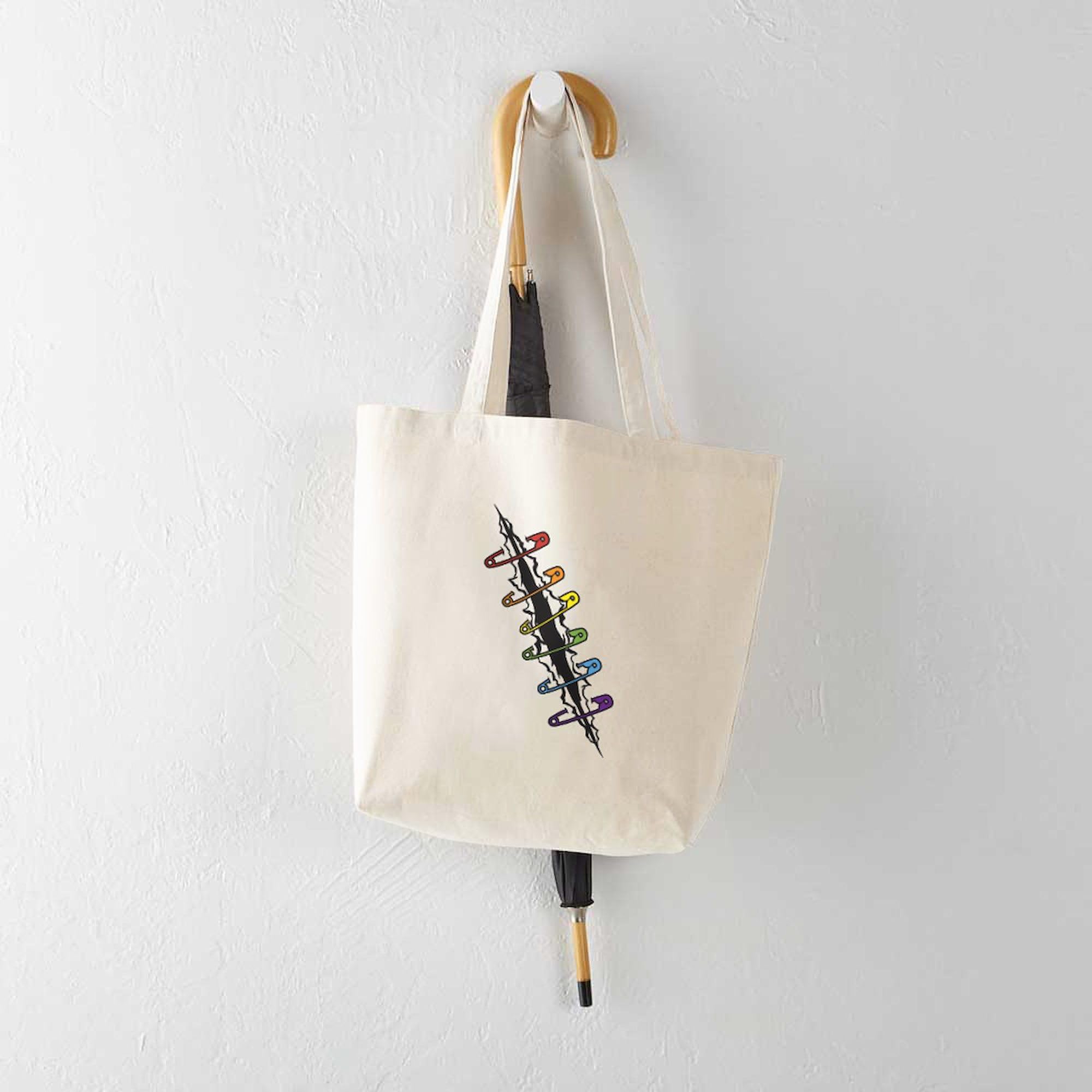 Rainbow Safety Pins Design Natural Canvas Tote Bag - Reusable Eco-Friendly Shopping Bag for Groceries, Beach & Daily Use | CafePress