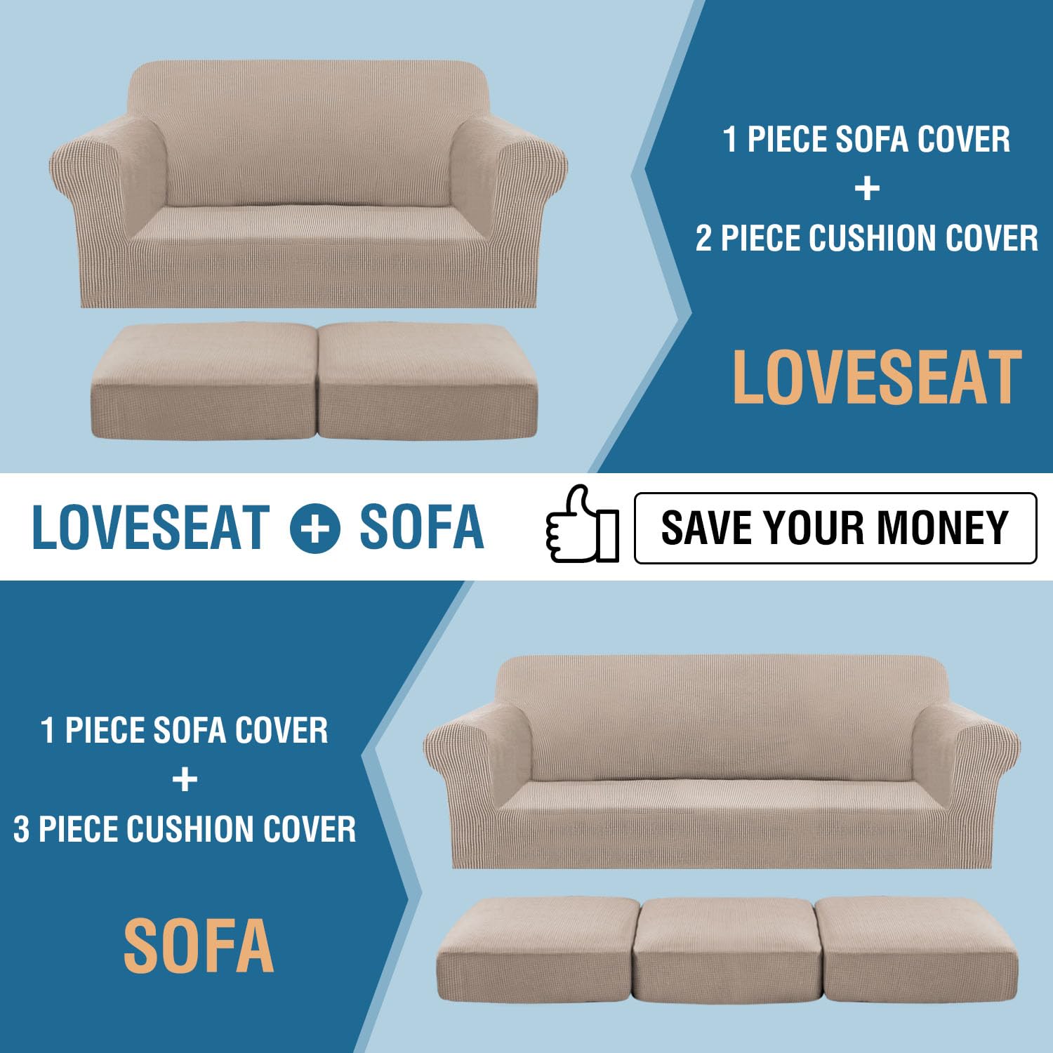 H.VERSAILTEX 4-Piece Stretch Sofa Cover Set - Jacquard Fabric Couch Covers for 3-Cushion Sofa & 2-Cushion Loveseat, Thick Durable Slip-Resistant Furniture Protector (Sand Color) - Perfect for Living Room, Family Room, and Pet-Friendly Homes