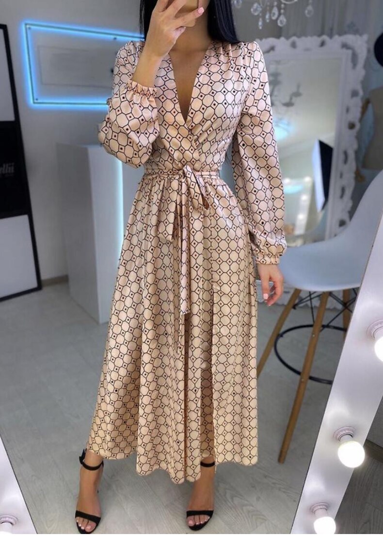 Elegant Women's V-Neck Wrap Long Dress with Geometry Polkadot Print - Plunge Party Maxi Dress for Evening Events, Weddings & Special Occasions | Vestidos