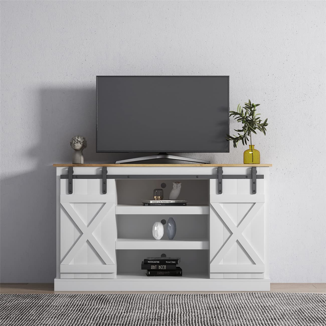 65 Inch TV Stand with Sliding Barn Doors - Wooden Media Console with Storage Cabinet & Shelves for Living Room & Bedroom - Perfect for Home Theater Setup & Entertainment Centers (White)