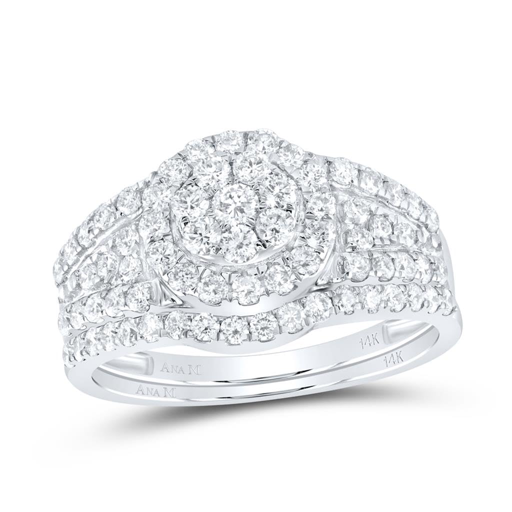 Jewels By Lux 14K White Gold Round Diamond Cluster Bridal Wedding Ring Set - 1 Carat Total Weight (1 CTTW) - Perfect for Engagement, Proposal & Anniversary Gifts