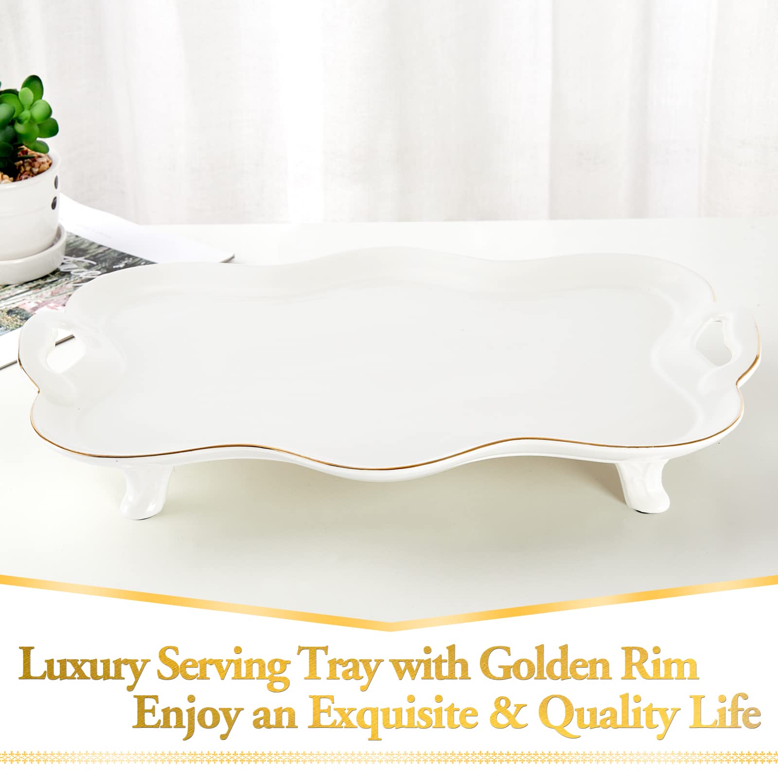 DUJUST Porcelain Serving Tray with Handles - Luxury British Style Coffee Table Tray with Gold Rim - Elegant Tea Tray for Living Room Decor - Easy to Clean & Use - Perfect for Afternoon Tea, Coffee Service, and Home Decor Display