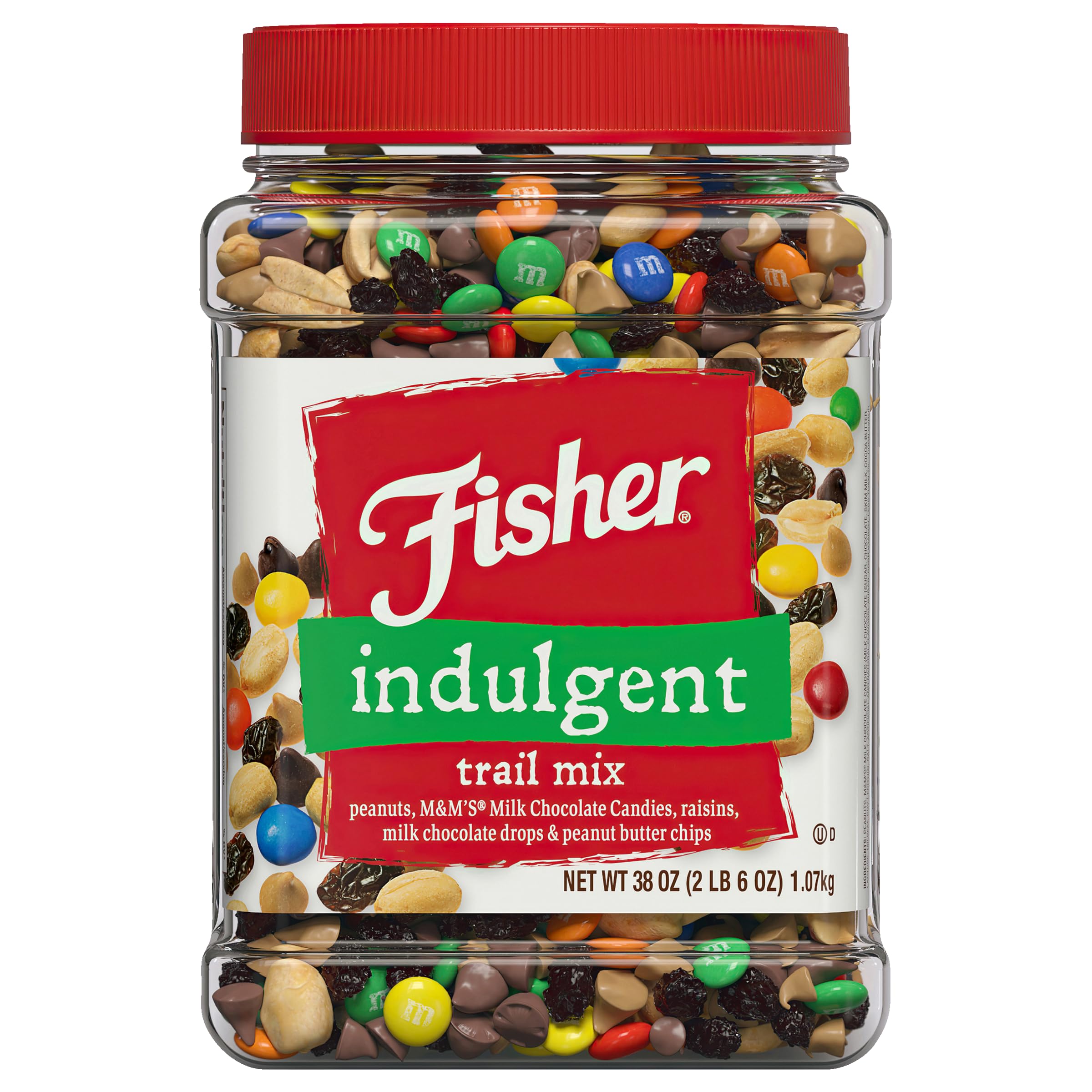Fisher Snack Indulgent Trail Mix - 38oz Bulk Snacks with Peanuts, Milk Chocolate Candies, Raisins & Peanut Butter Chips | High Protein Energy Snack for Hiking, Camping, Office & Road Trips