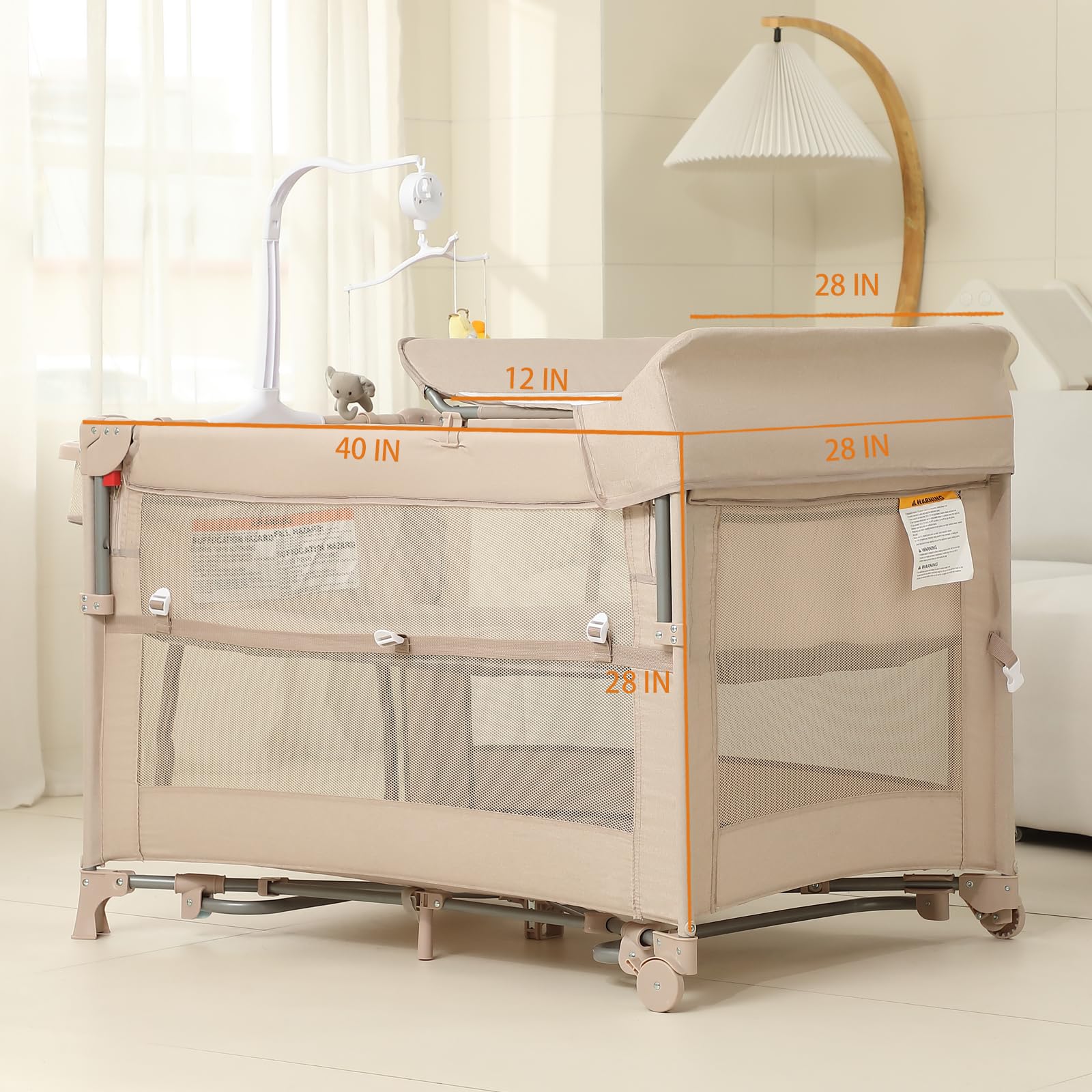 5-in-1 Baby Playard with Bassinet & Changing Table - Portable Foldable Travel Crib for Newborn to Toddler - Bedside Sleeper & Playpen for Nursery, Bedroom & Travel (Beige)