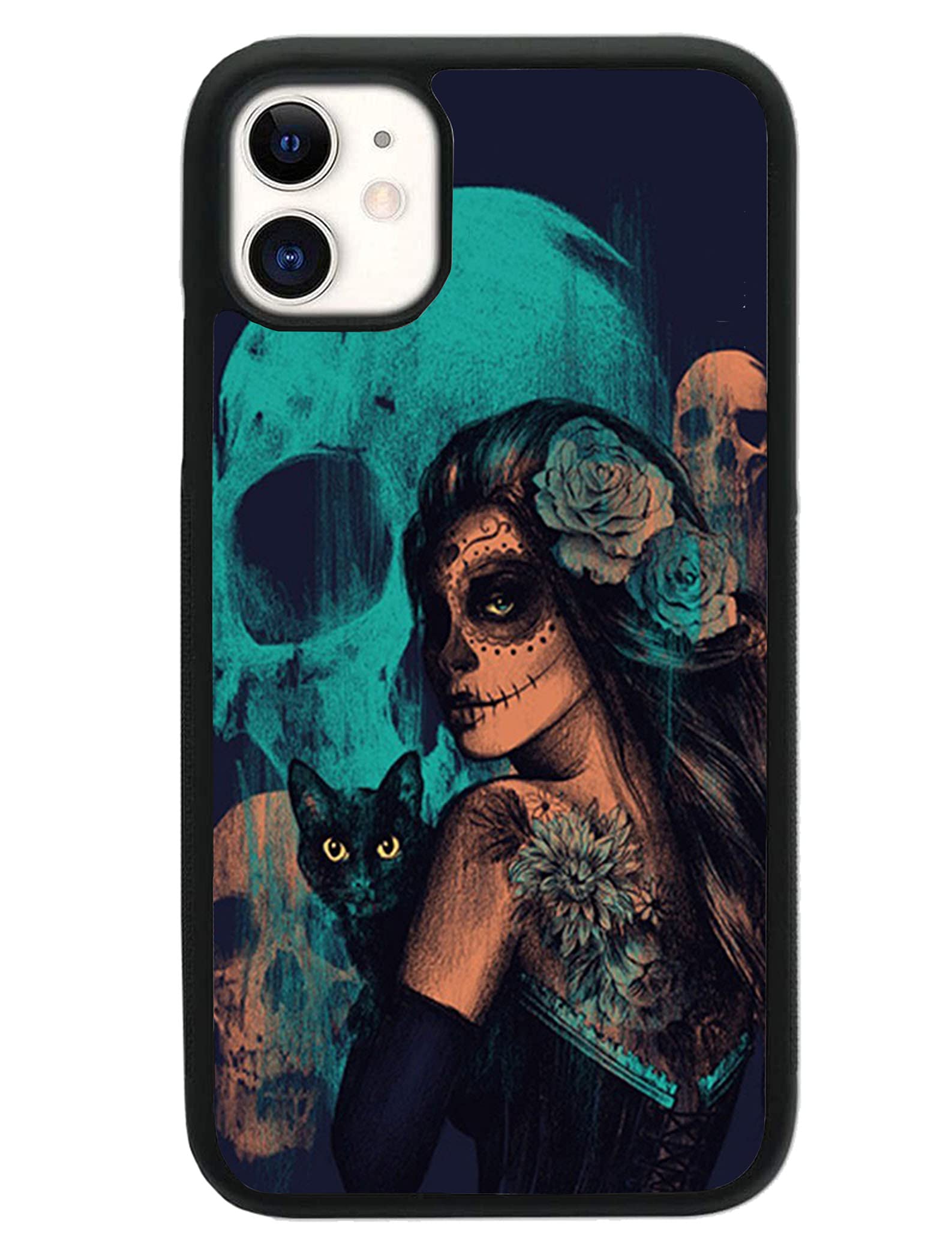 iPhone 11 Case - Day of The Dead Women Black Cat & Skull Design Shockproof TPU Phone Cover - Perfect for Halloween, Dia de Muertos & Gothic Style Protection