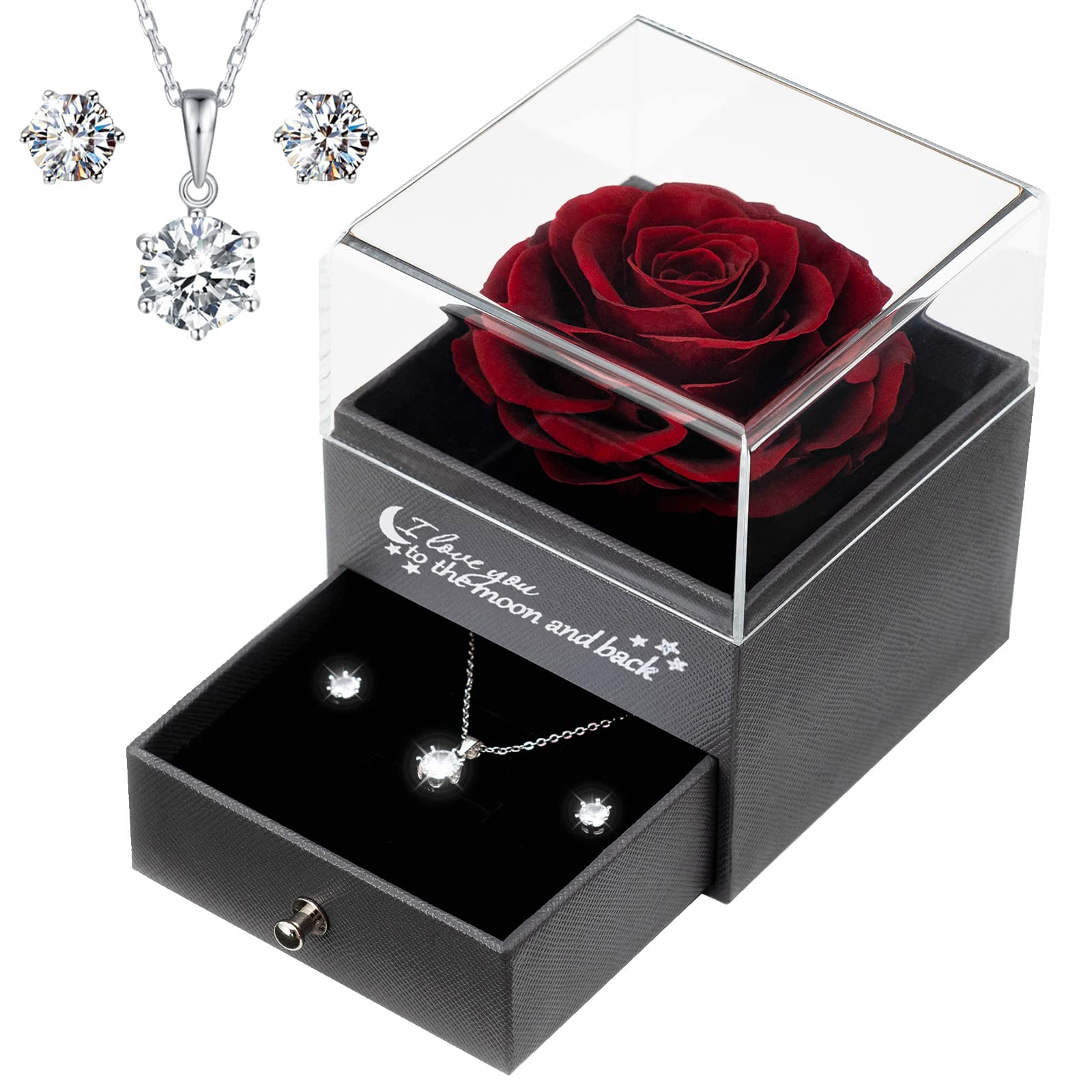 Yamonic Preserved Real Rose Necklace & Earrings Set in Gift Box - Romantic Jewelry Gift for Women, Wife, Girlfriend - Perfect for Valentine's Day, Mother's Day, Anniversary, Christmas & Birthday - Wine Red - Ideal for Date Nights, Proposals & Special Occasions
