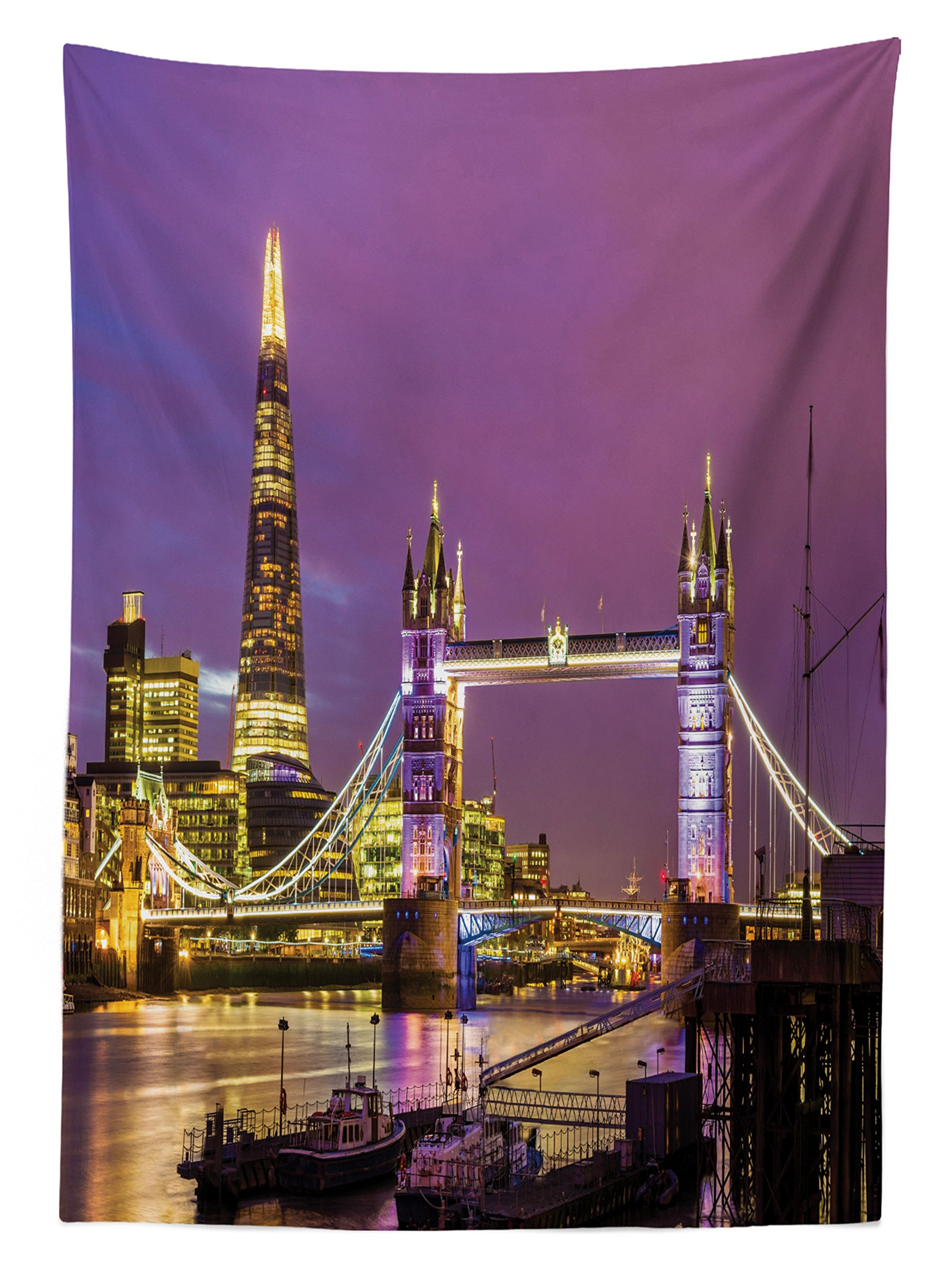 Ambesonne London Themed Outdoor Tablecloth - Tower Bridge at Night, Historical British Cultural Monument, Waterproof & Washable Picnic Table Cover, 58x120 Inches, Purple & Yellow - Perfect for Garden Parties, BBQs, and Outdoor Dining
