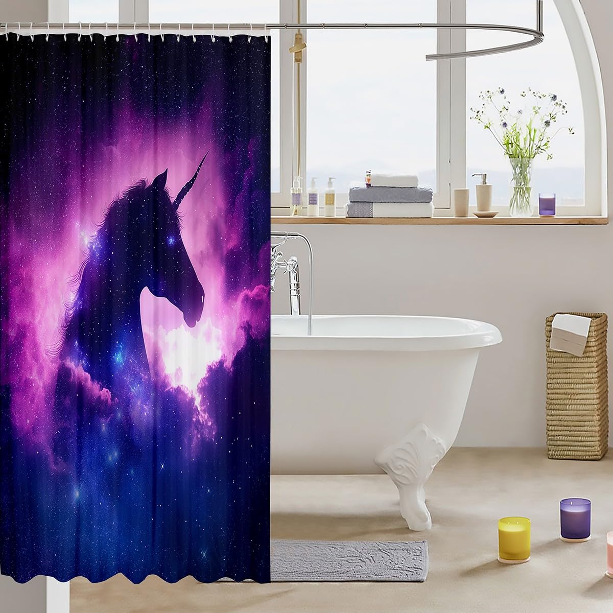 Unicorn Shower Curtain for Kids - Galaxy Starry Sky Bathroom Decor for Girls & Boys - 72x84 Inch