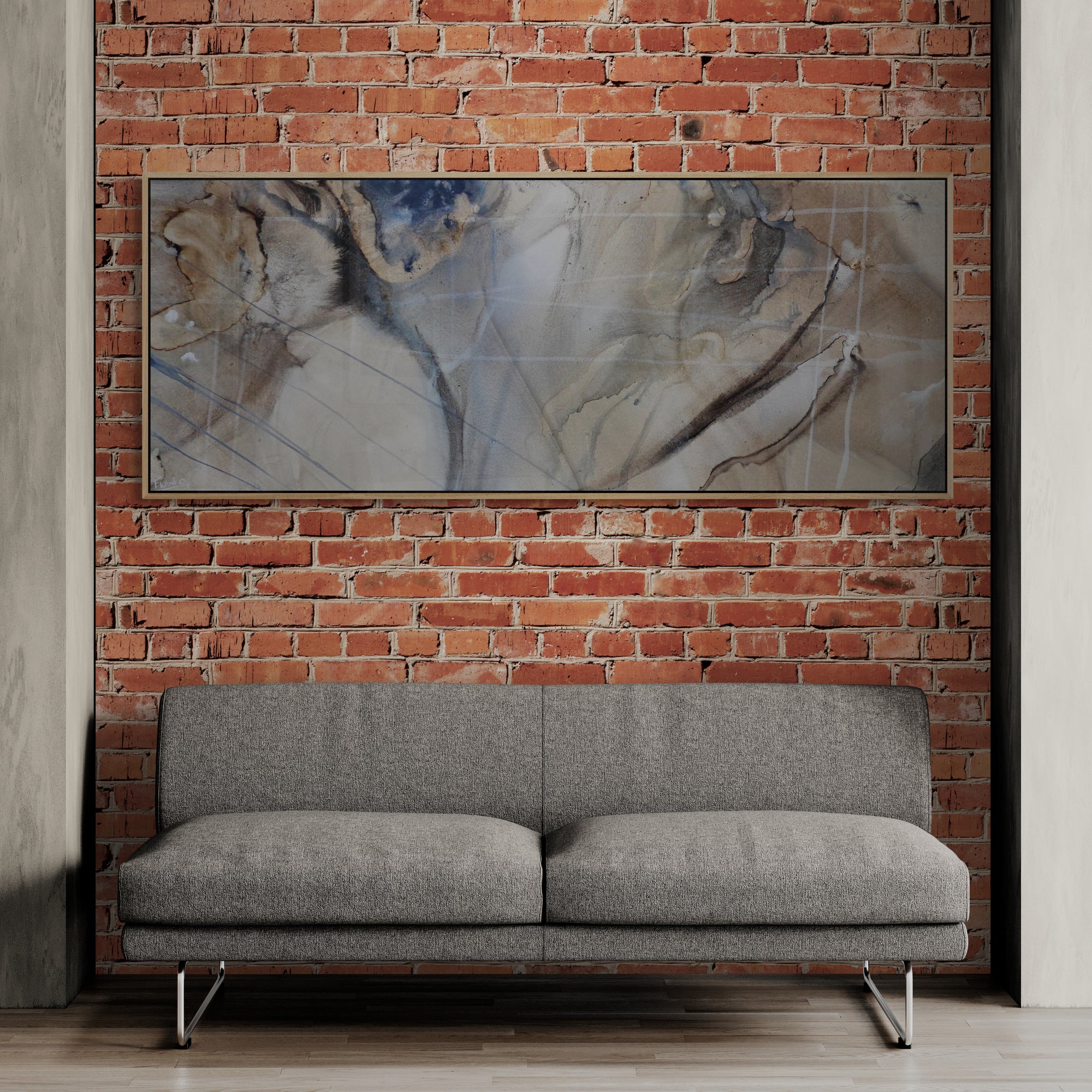 69 Refined Abstract Painting - 200cm x 80cm Cream Blue Rust White Grey Blend with Oak Frame | Modern Wall Art for Living Room, Bedroom & Office Decor