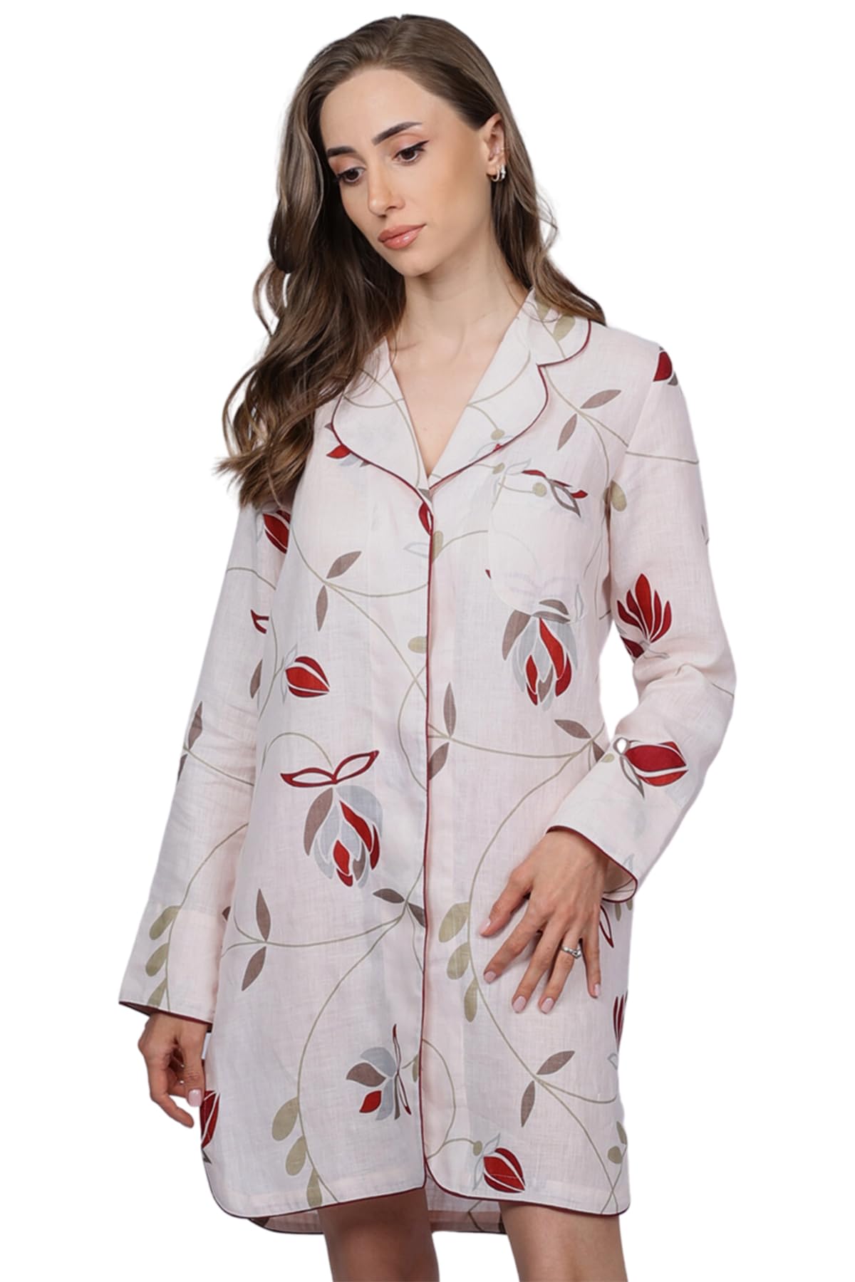 Women's Button Down Nightgown - Notch Collar Piped Sleepshirt | European Tailored Sleepwear for Comfortable Nights & Relaxing at Home