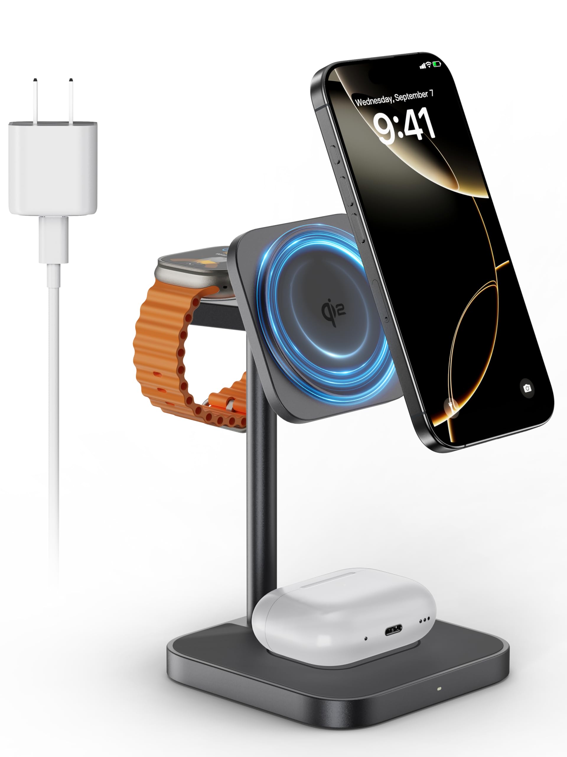 LULULOOK [Qi2 Certified] 3-in-1 Magnetic Wireless Charging Station - 15W Fast Charger Stand for iPhone 16/15/14/13/12, AirPods & Apple Watch with 30W GaN USB-C Adapter | Premium Aluminum Alloy Design | Perfect for Home, Office & Travel Charging