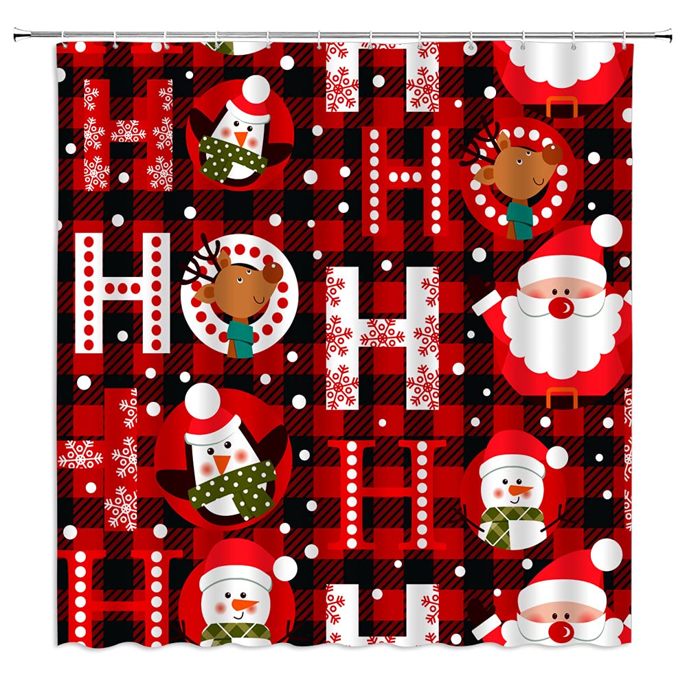 Christmas Shower Curtain - Santa Snowman Reindeer Design for Kids Bathroom Decor