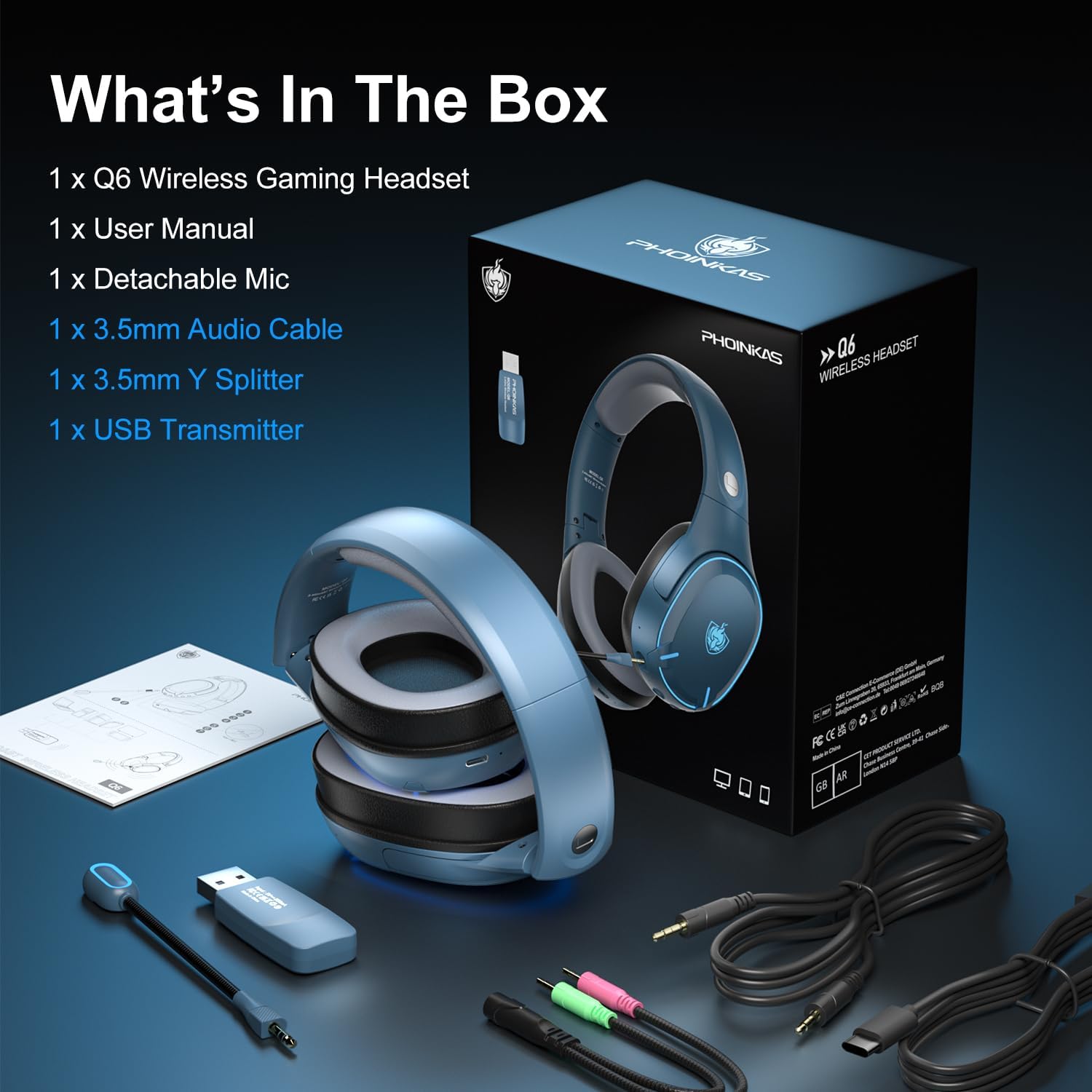 PHOINIKAS Wireless Bluetooth Gaming Headset with Dual Chip - Bluetooth 5.3 for Phone/Computer & 2.4GHz Dongle for PC/PS4/PS5/Nintendo Switch/TV - Noise Cancelling Mic, 30H Playtime, LED Lights - Perfect for Gaming, Work Calls & Entertainment