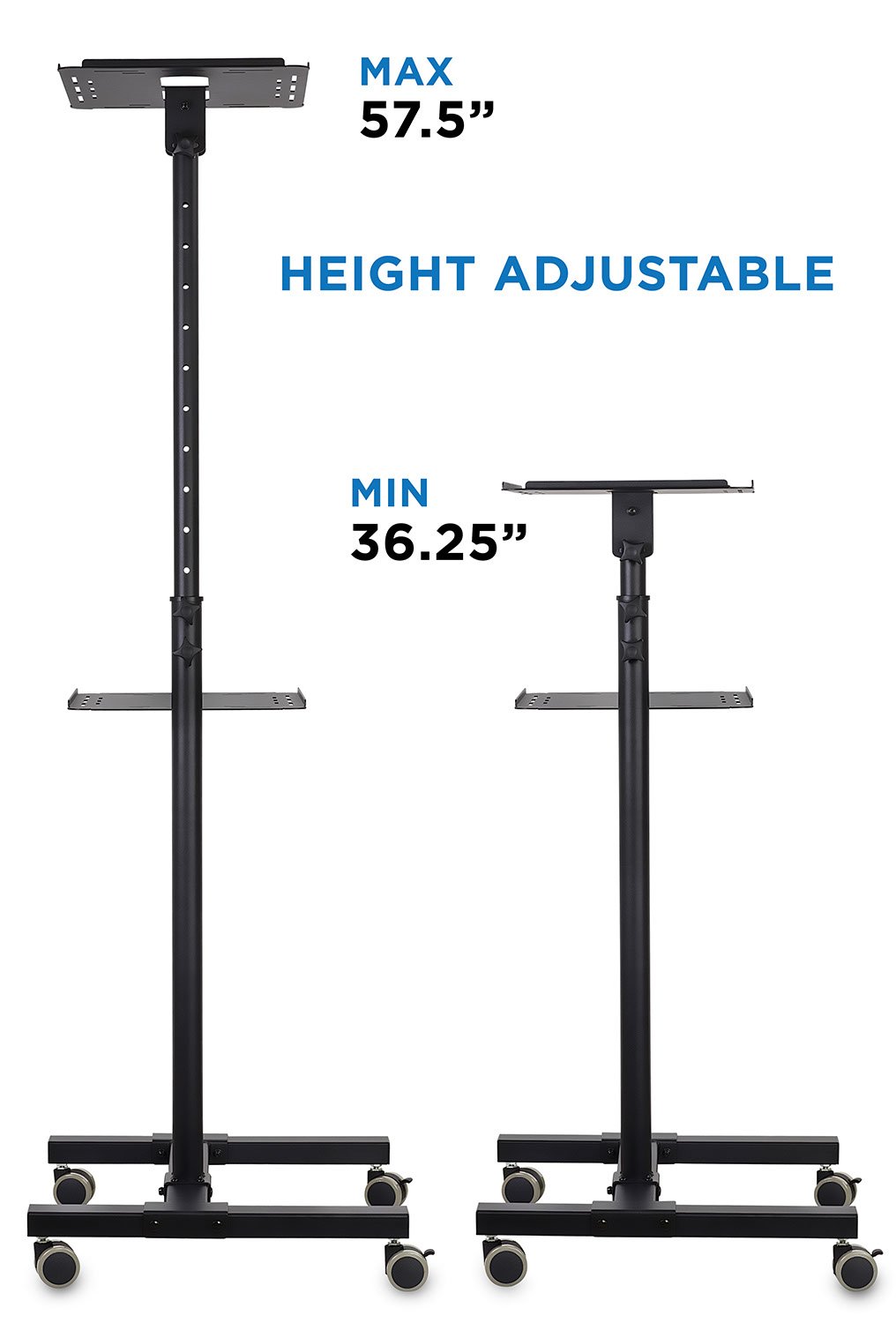 Mount-It! Heavy Duty Adjustable Height Mobile Projector Stand with 2 Shelves & Ventilated Tray - Rolling Laptop & Projector Cart for Office Presentations, Classroom Teaching, Home Theater Setup - Black