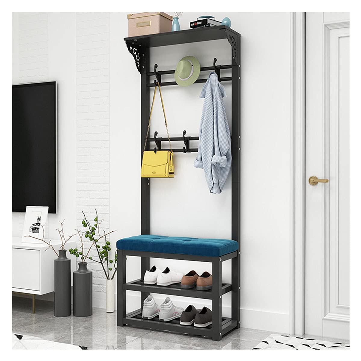 LLLD 3-in-1 Coat Rack Shoe Bench Hall Tree Entryway Organizer - 2-Tier Storage Bench with 2 Rows Hooks for Shoes, Coats & Bags - Perfect for Bedroom, Hallway & Living Room Entry Organization