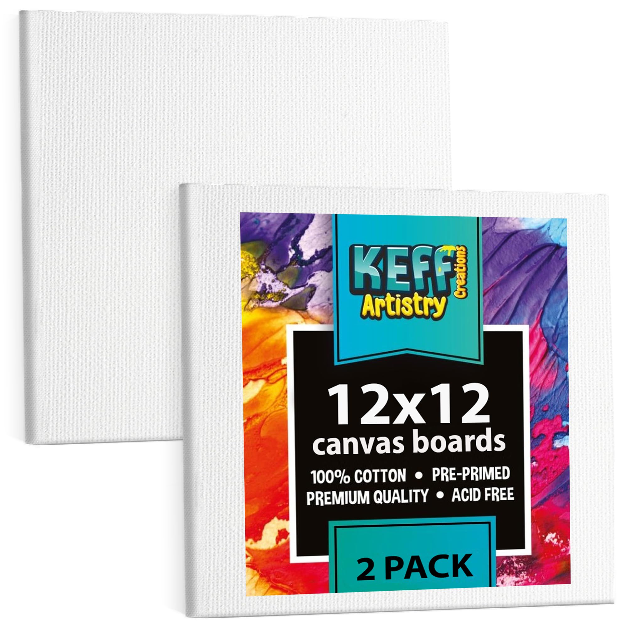 KEEF 12x12 Inch 2-Pack Premium Cotton Canvas Boards for Painting - Triple Primed Artist Panels for Acrylic, Oil, Watercolor & Tempera - Perfect for Studio Art, Classroom Projects & DIY Home Decor