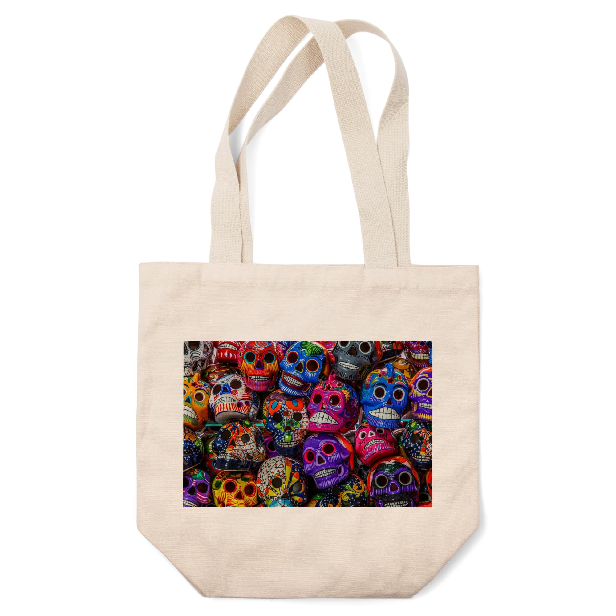 Lantern Press Dia de Los Muertos Sugar Skull Tote Bag - Vibrant Mexican Ceramic Art Print on 100% Cotton Canvas (Reusable Shopping Bag for Groceries, Beach & Everyday Use)