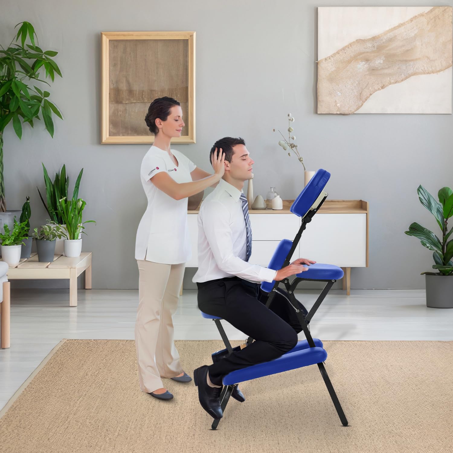 FDW Portable Foldable Massage Chair - Adjustable Height Tattoo & Spa Salon Chair with High Density Foam & Backpack - Perfect for Tattoo Studios, Massage Therapy, Facial Treatments & Home Relaxation (Blue)
