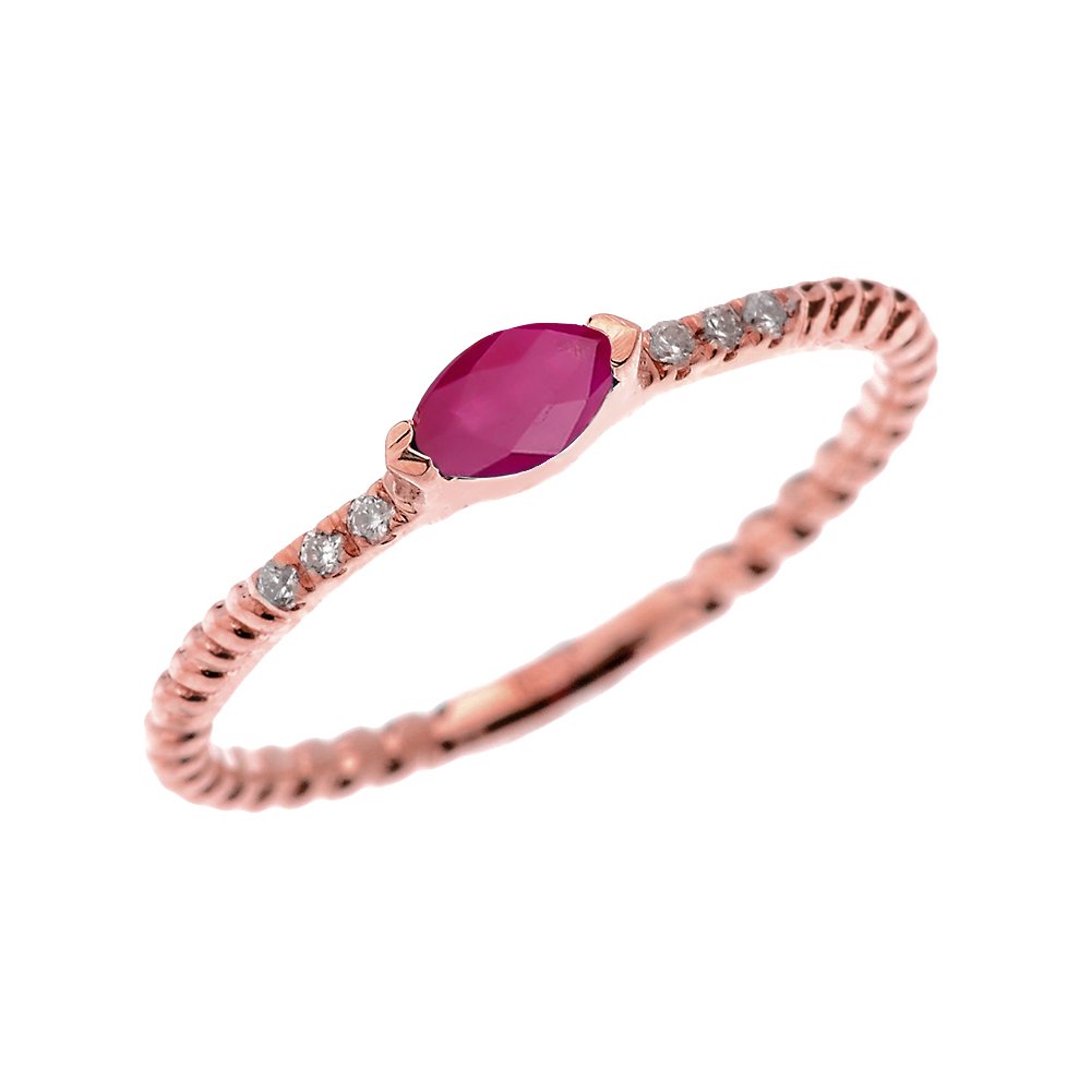 10K Rose Gold Dainty Diamond and Marquise Ruby Rope Design Stackable Ring for Women - Elegant Proposal, Engagement, Wedding, Anniversary Jewelry Gift