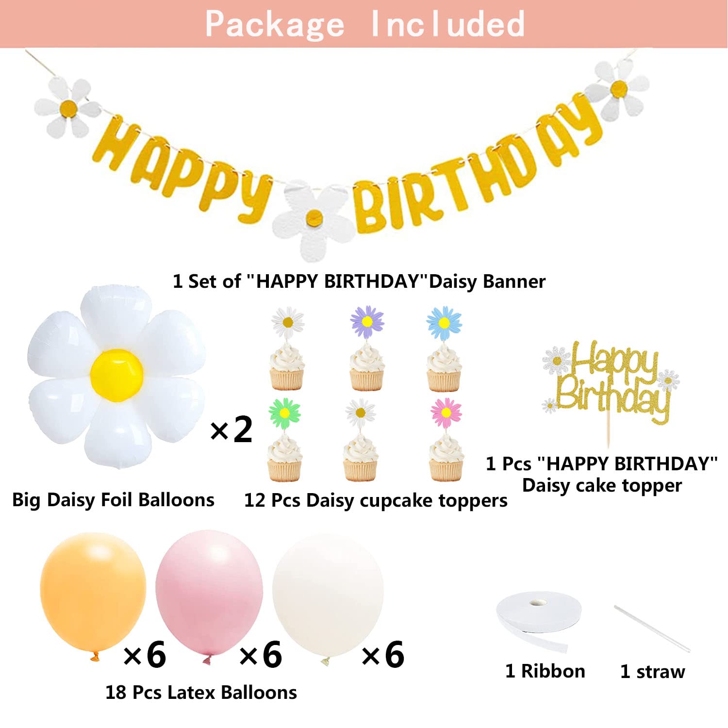 Daisy Flower Birthday Party Decorations Set - Happy Birthday Banner, Cake Topper & Large Balloons for Boho Hippie Themed Party | Perfect for Girls' Birthday, Baby Shower & Spring Celebrations