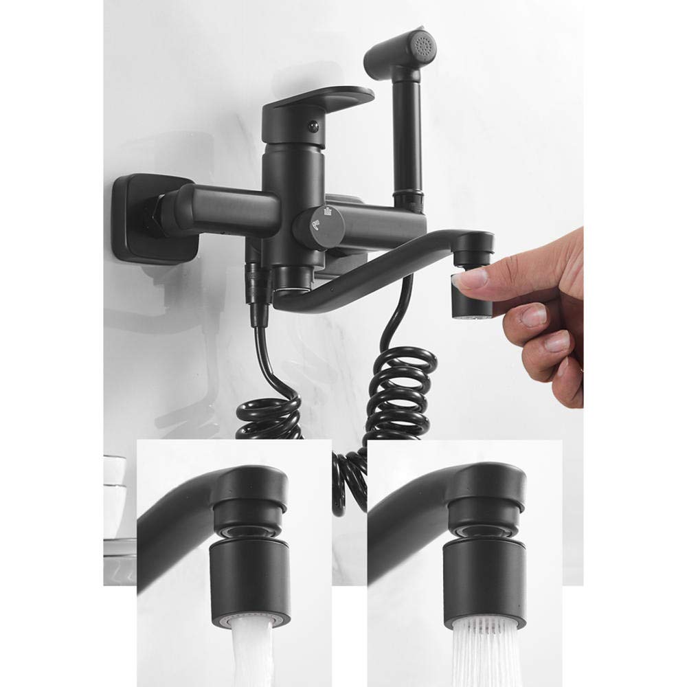 Black Wall Mount Kitchen Sink Faucet - Double Hole Hot and Cold Water Mixer Tap with 180° Rotatable Spray Gun & 30cm Brass Outlet Pipe - Perfect for Modern Kitchens, Restaurants, and RV Camping