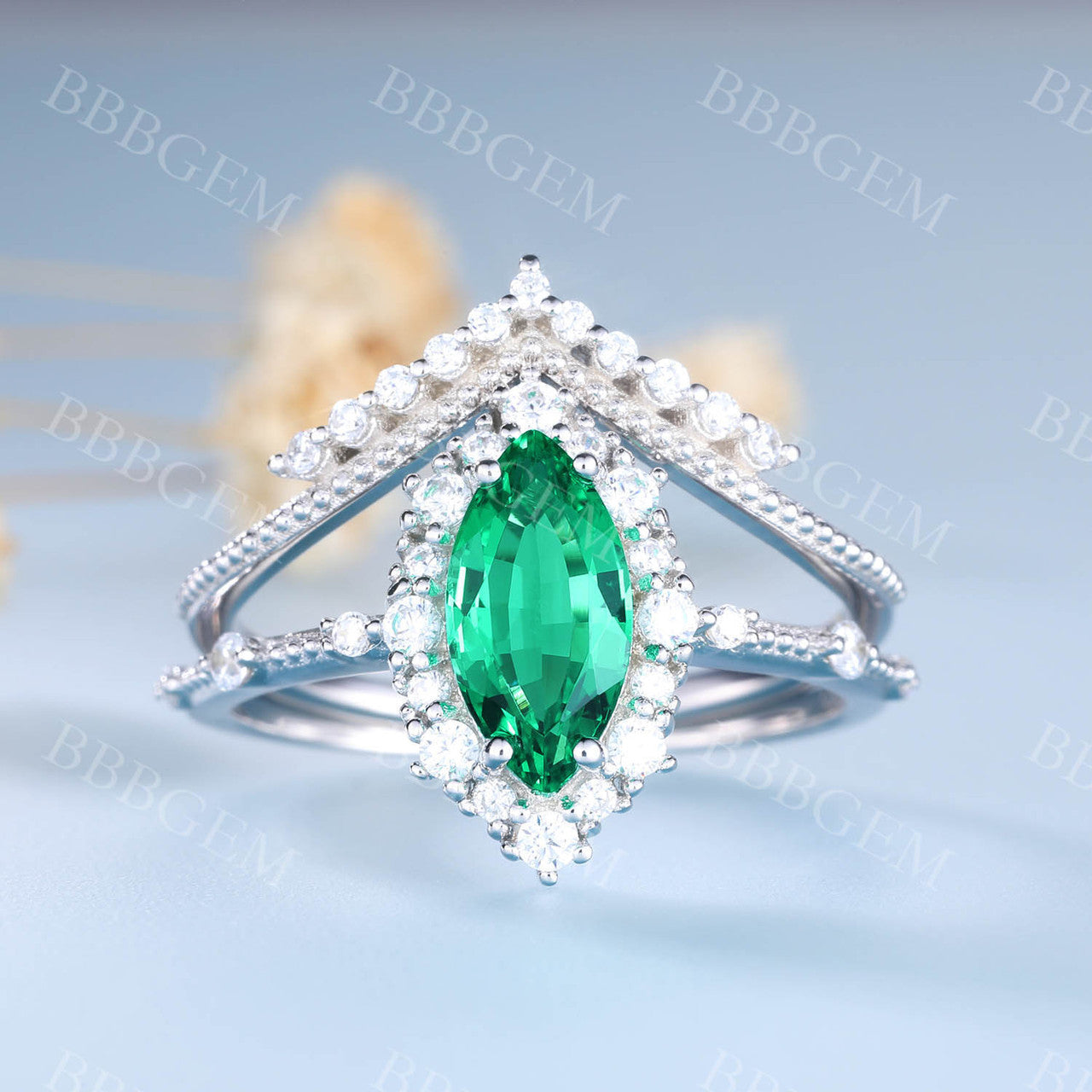 Marquise Emerald Engagement Ring & Wedding Ring Set - V-Curved Stacking Diamond Band for Women | Perfect for Proposals, Anniversaries & Bridal Jewelry