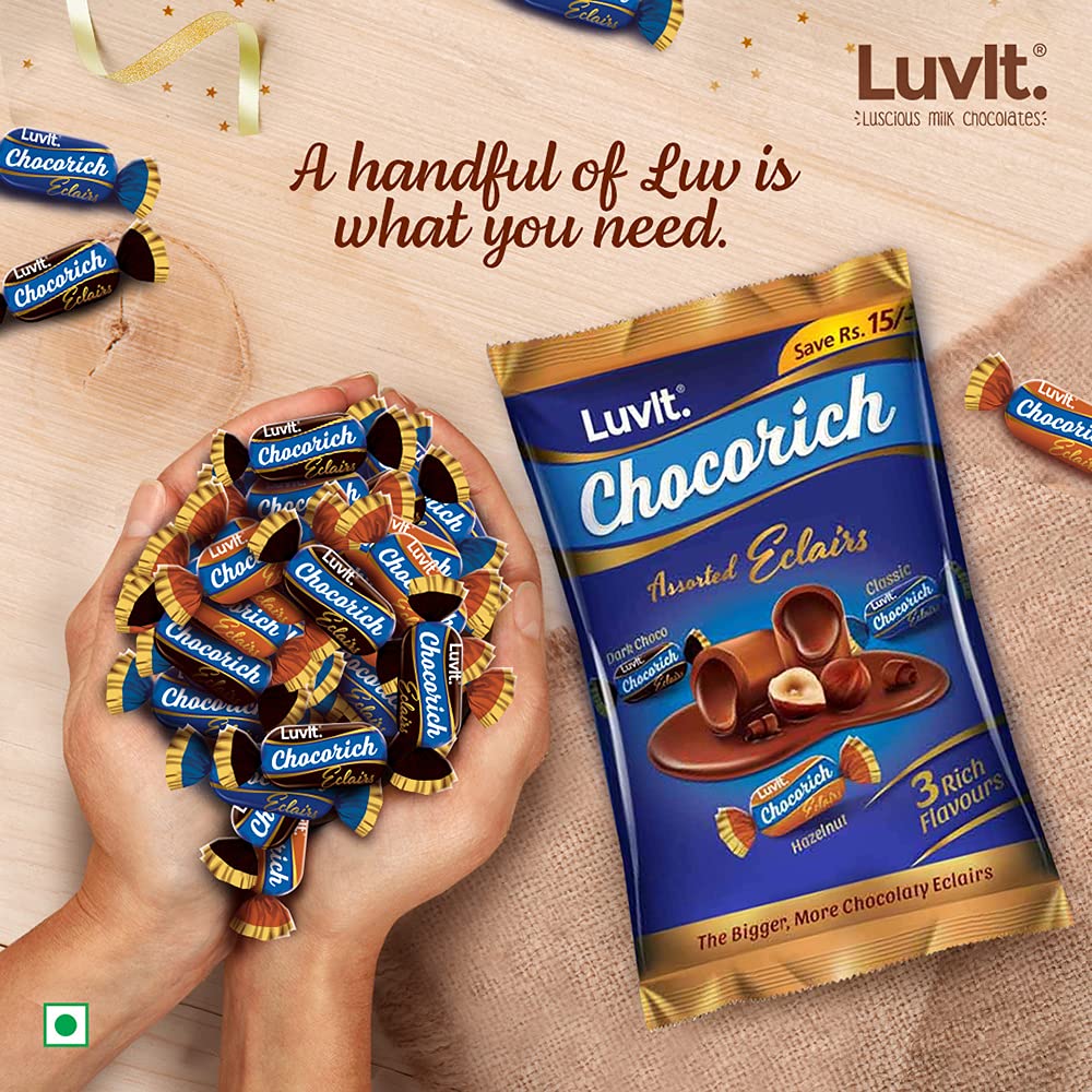 LuvIt Chocorich Assorted Eclairs - Hazelnut, Dark Chocolate & Milk Chocolate | 60 Pieces per Pouch | Pack of 2 (480g Each) | Perfect for Birthday Parties, Office Snacks & Gift Baskets