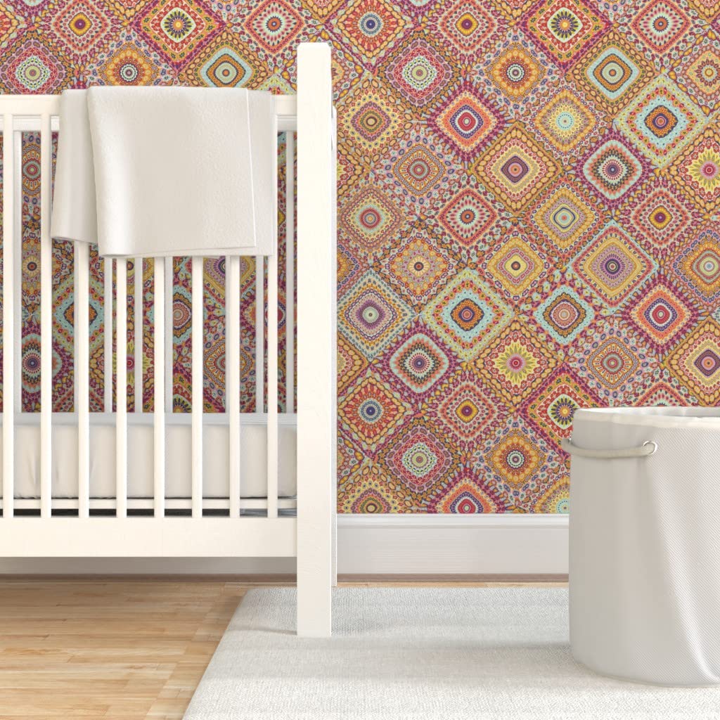 Peel & Stick Removable Wallpaper 9ft x 2ft - Spring Floral Kaleidoscope Boho Design for Bedroom, Living Room & Nursery | Easy DIY Home Decor by Spoonflower