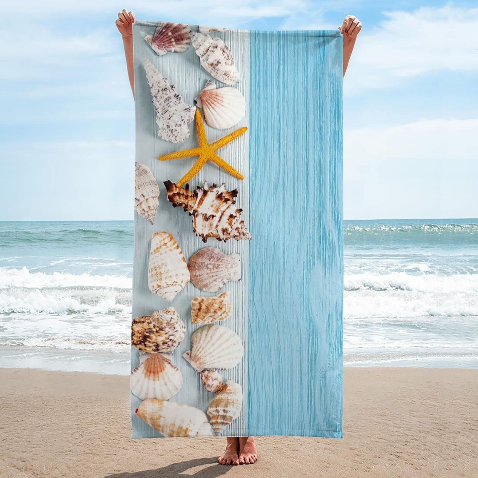 Zooshum Microfiber Beach Towel - Starfish & Seashell Design - Super Lightweight, Sandproof, Quick-Dry - 30x60 Inch Large Bath Towel for Beach, Pool, Travel, Camping, Yoga & Gym - Perfect for Summer Vacations and Outdoor Activities